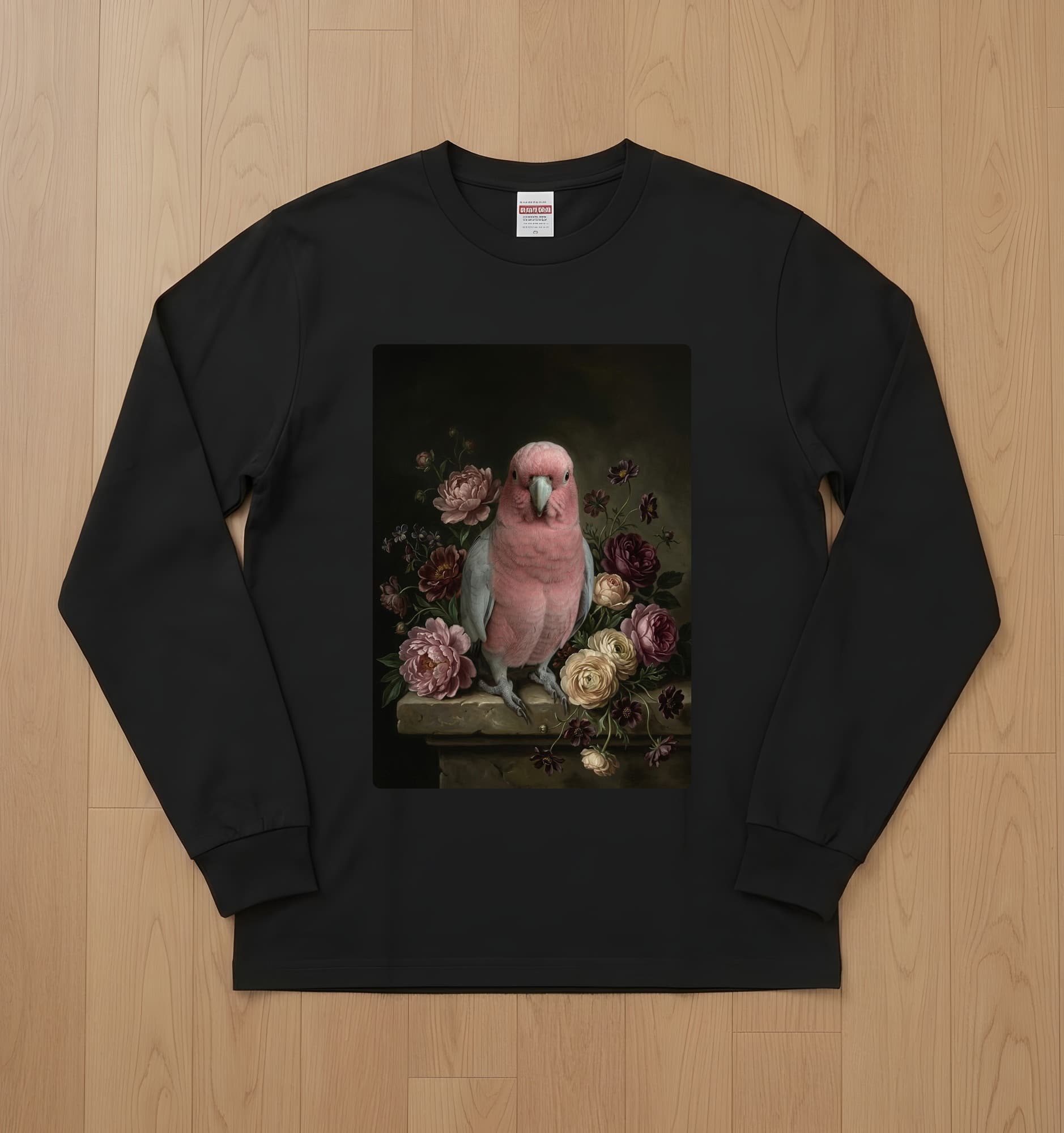 モモイロインコの花の油絵風アート花柄長袖Tシャツ(ブラック)