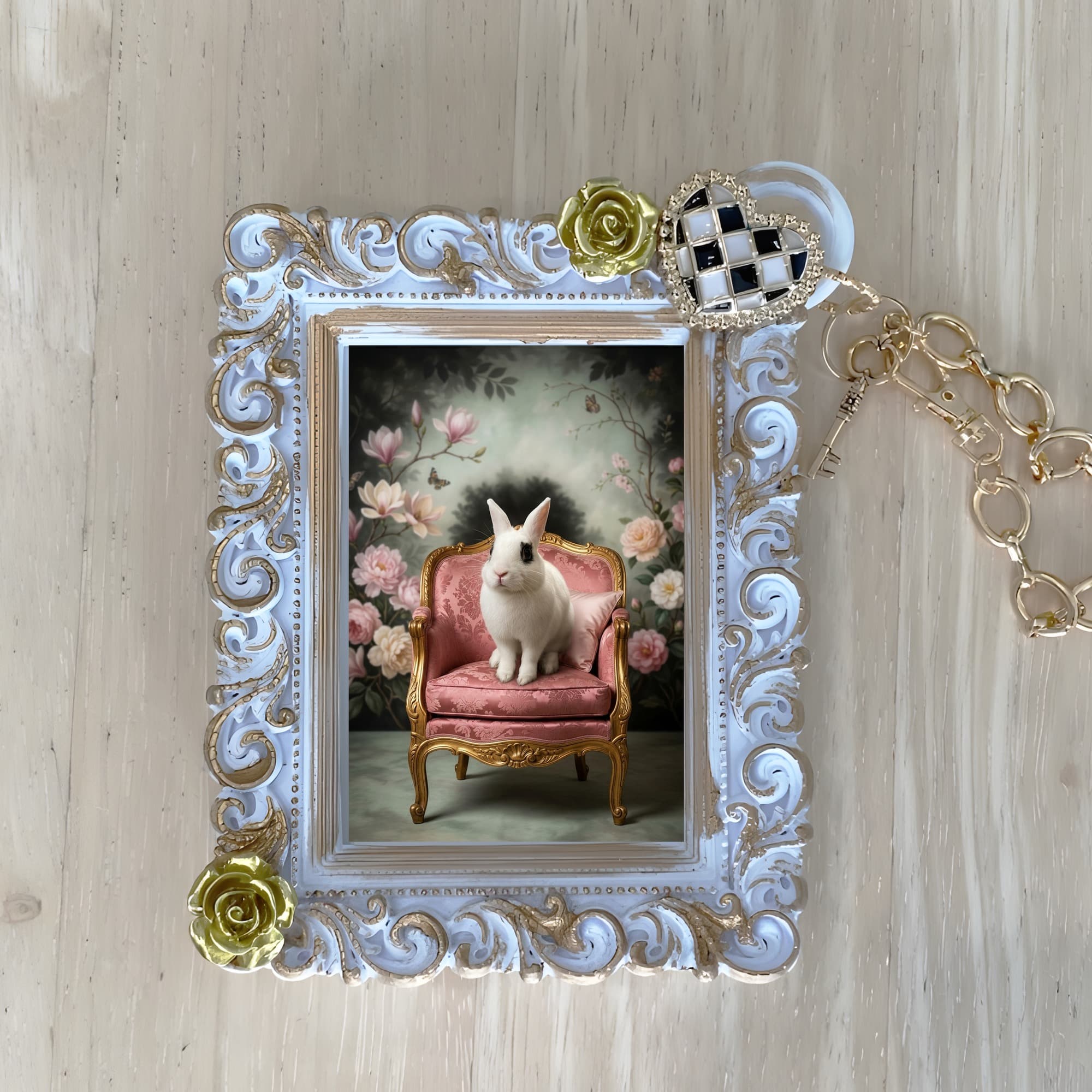 Dwarf Hotot Shabby Pink Oil-Painting Rococo Bag Charm (White)