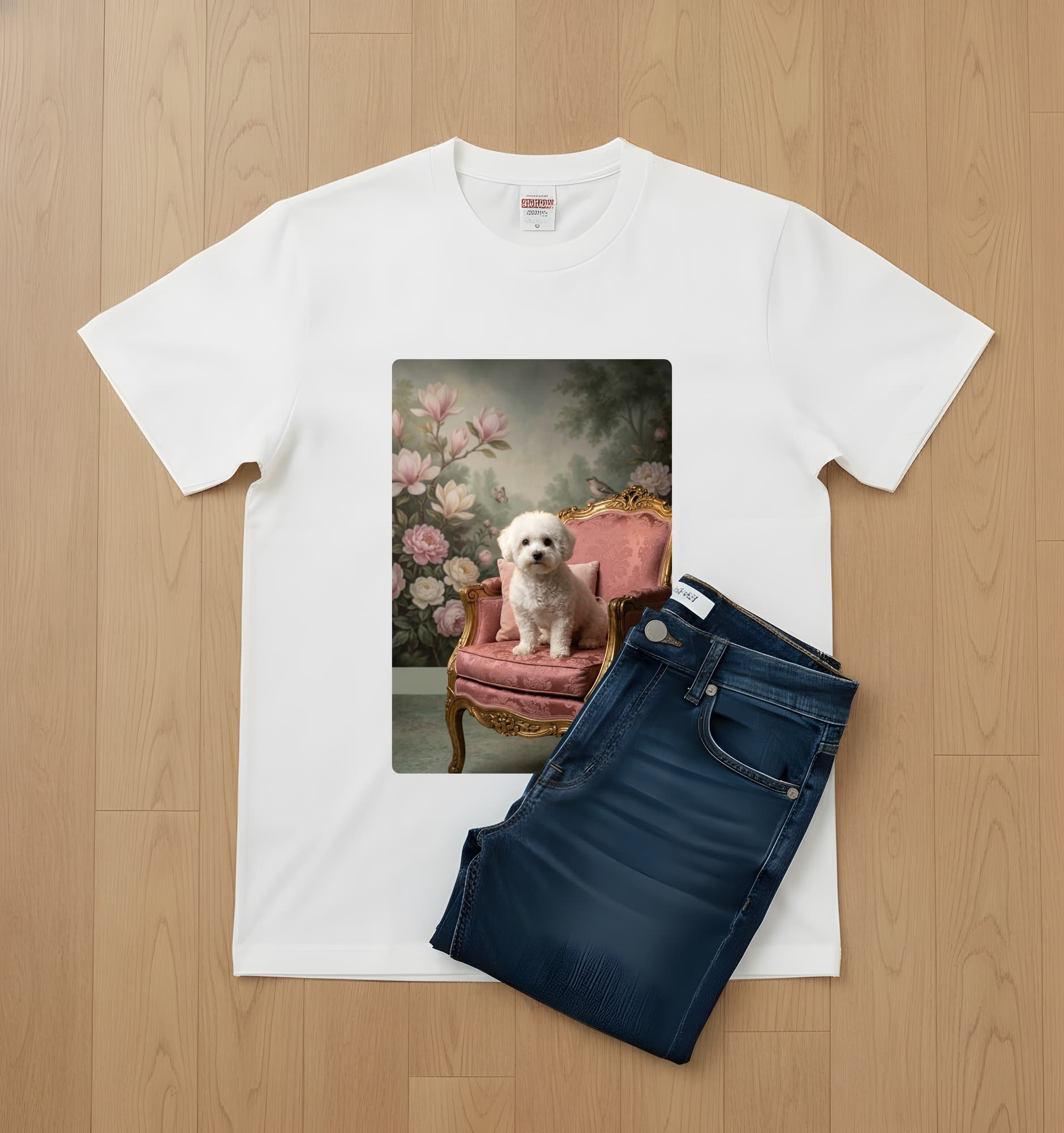 bichon frise Shabby Pink Oil-Painting Rococo T-Shirt (White) 2