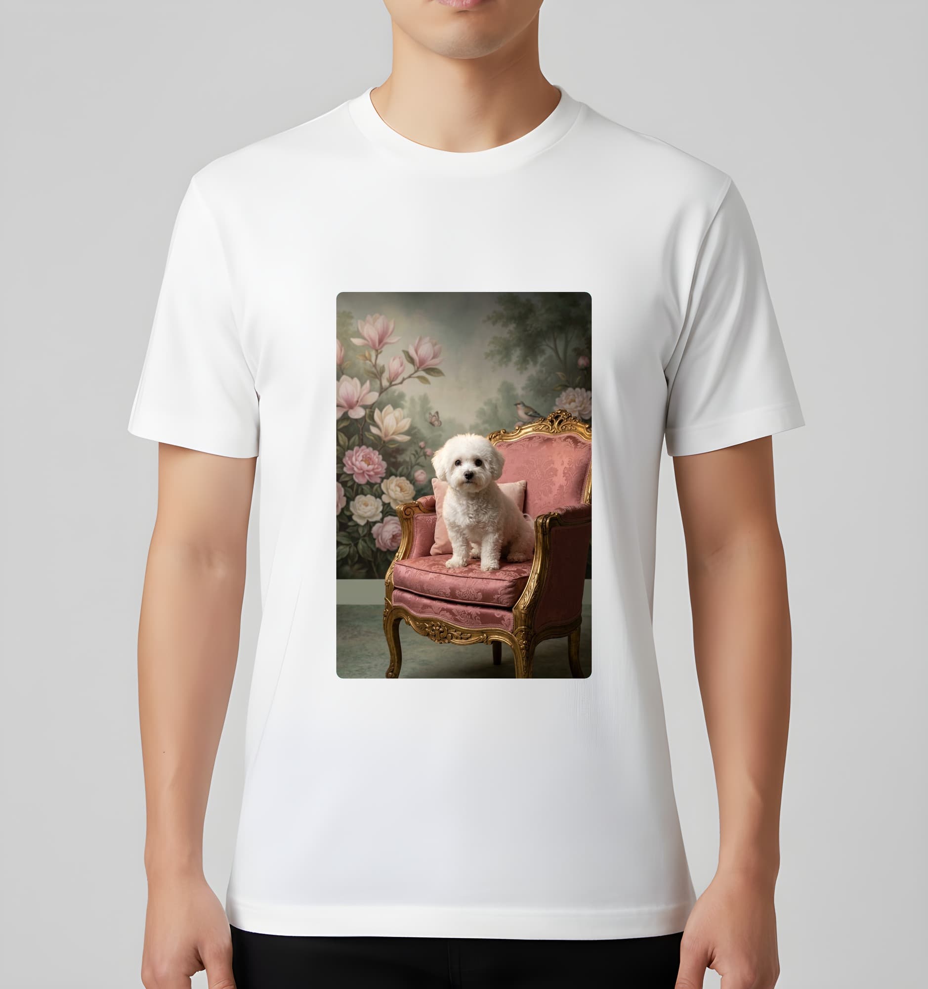 bichon frise Shabby Pink Oil-Painting Rococo T-Shirt (White) 3