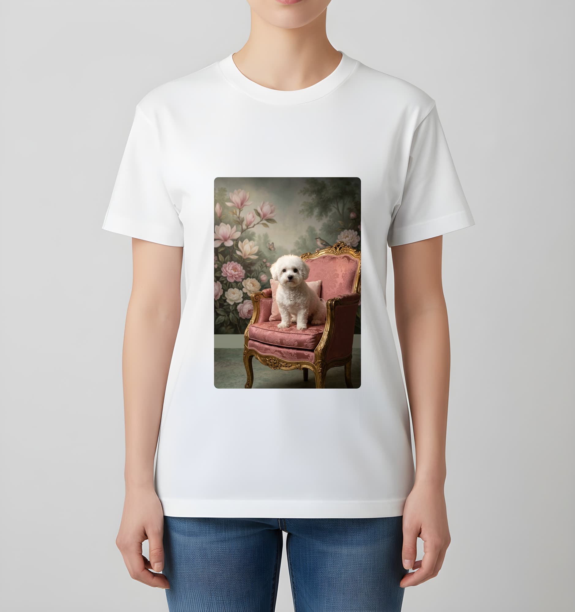 bichon frise Shabby Pink Oil-Painting Rococo T-Shirt (White) 4