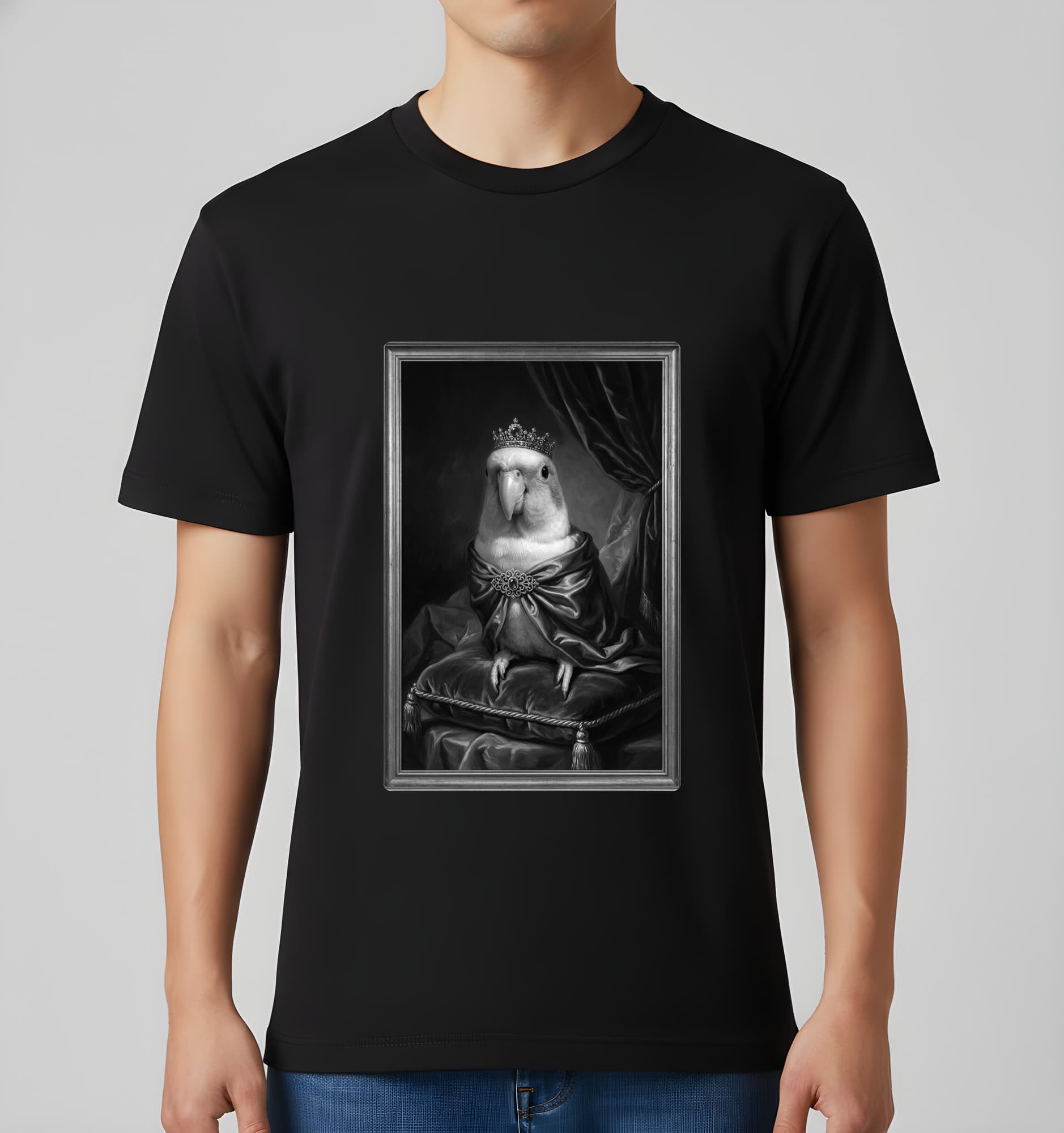 White-bellied Caique Renaissance Portrait T-Shirt (Black, Monochrome Print, No Frame) 3
