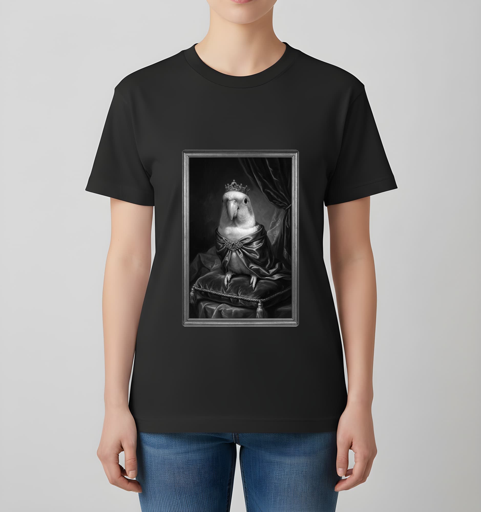 White-bellied Caique Renaissance Portrait T-Shirt (Black, Monochrome Print, No Frame) 4