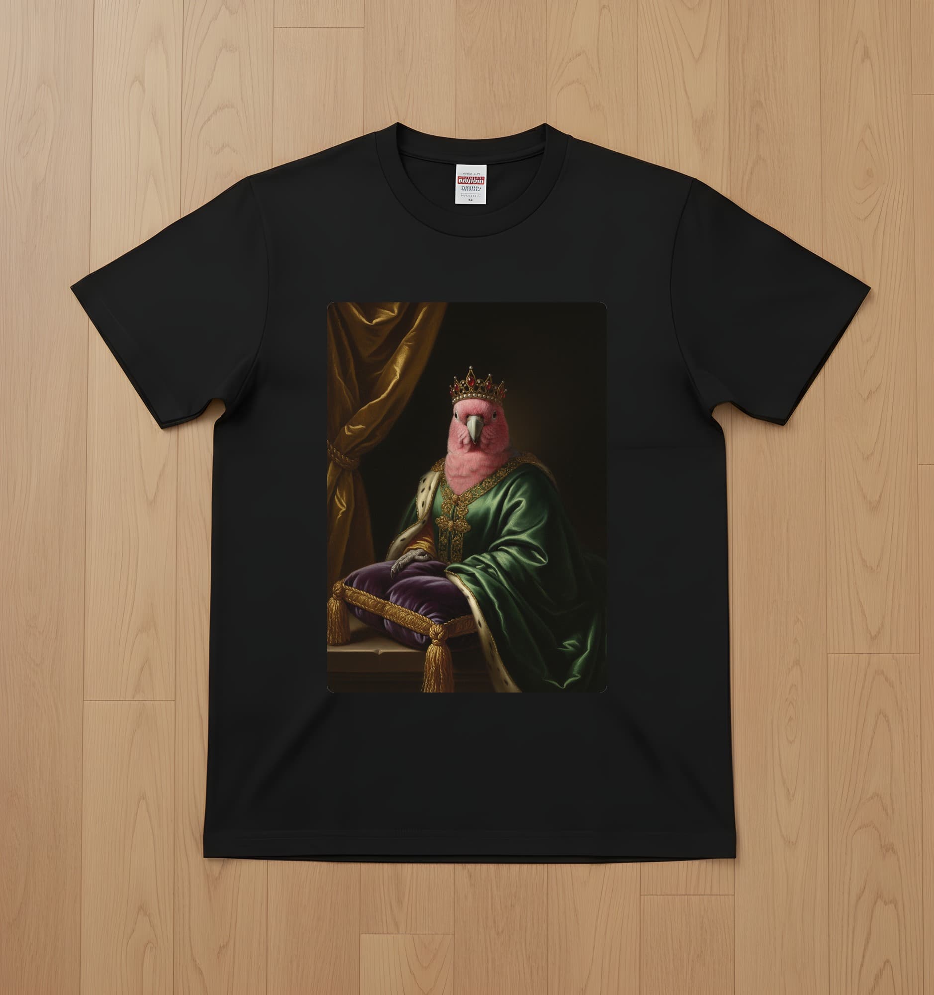 モモイロインコのルネサンス肖像画Tシャツ(ブラック・カラープリント・額縁なし)