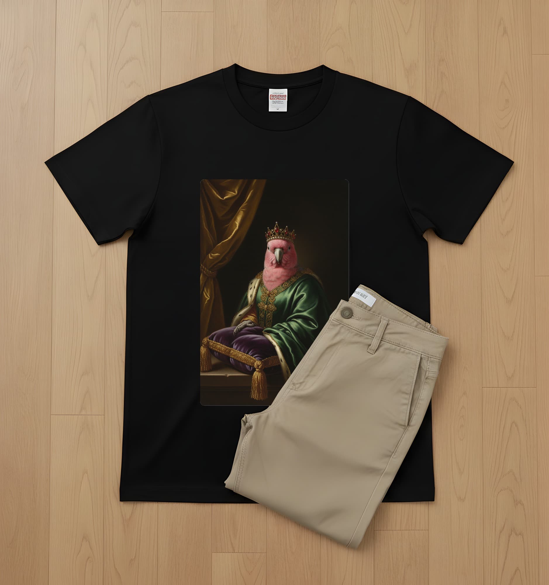 モモイロインコのルネサンス肖像画Tシャツ(ブラック・カラープリント・額縁なし) 2