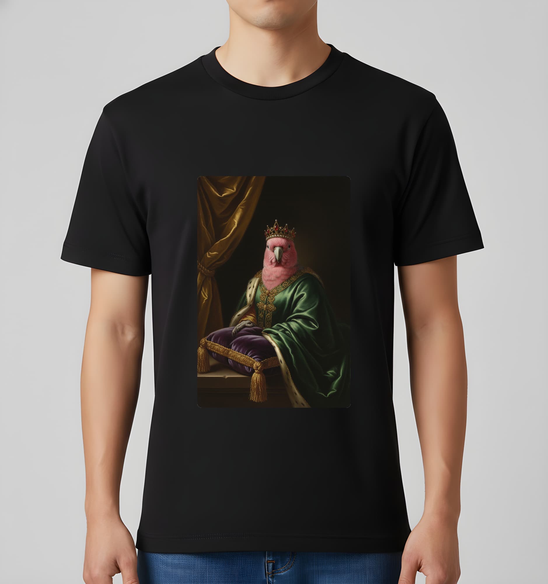 モモイロインコのルネサンス肖像画Tシャツ(ブラック・カラープリント・額縁なし) 3