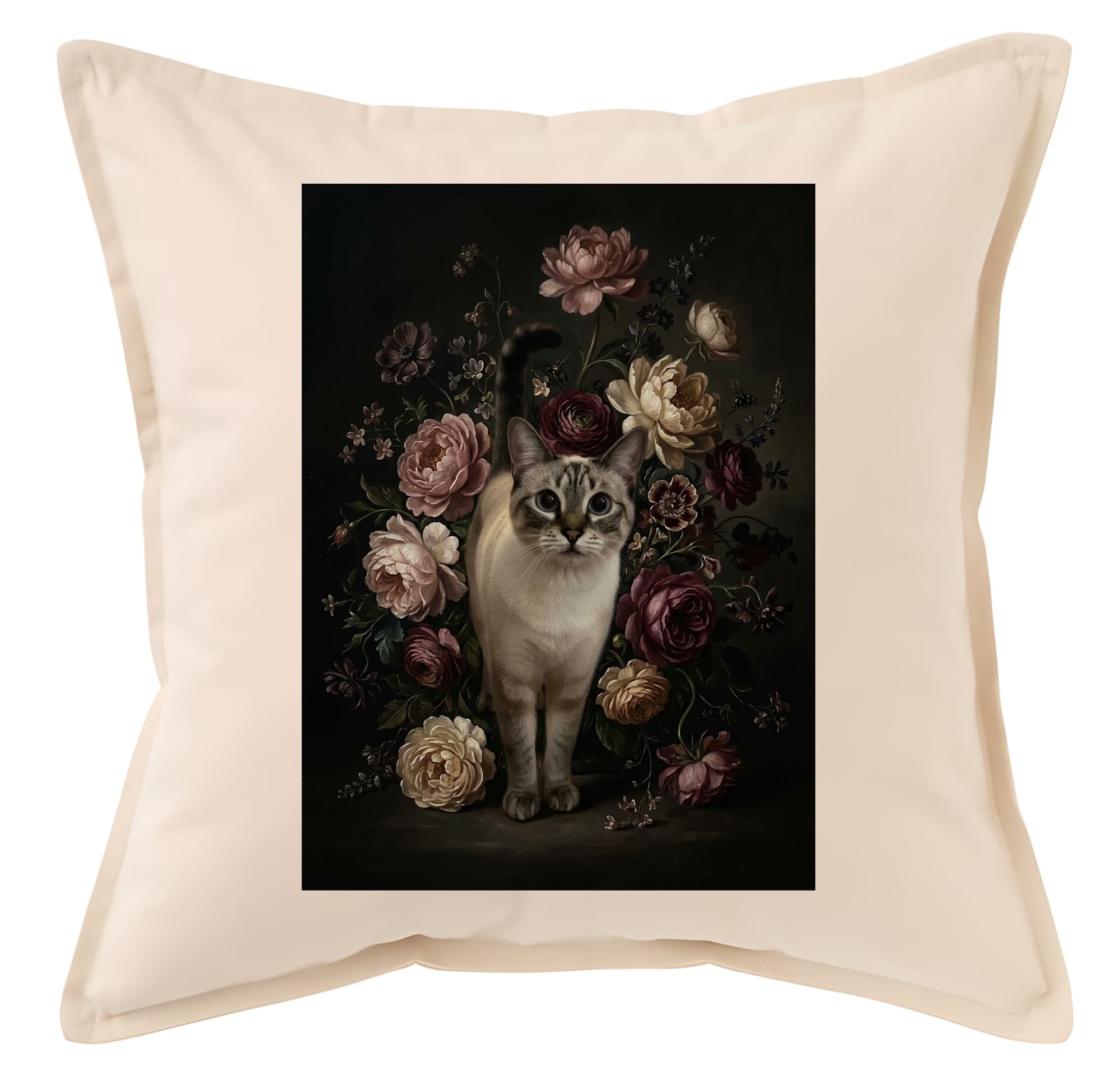 シャム猫の花の油絵風アート花柄クッション