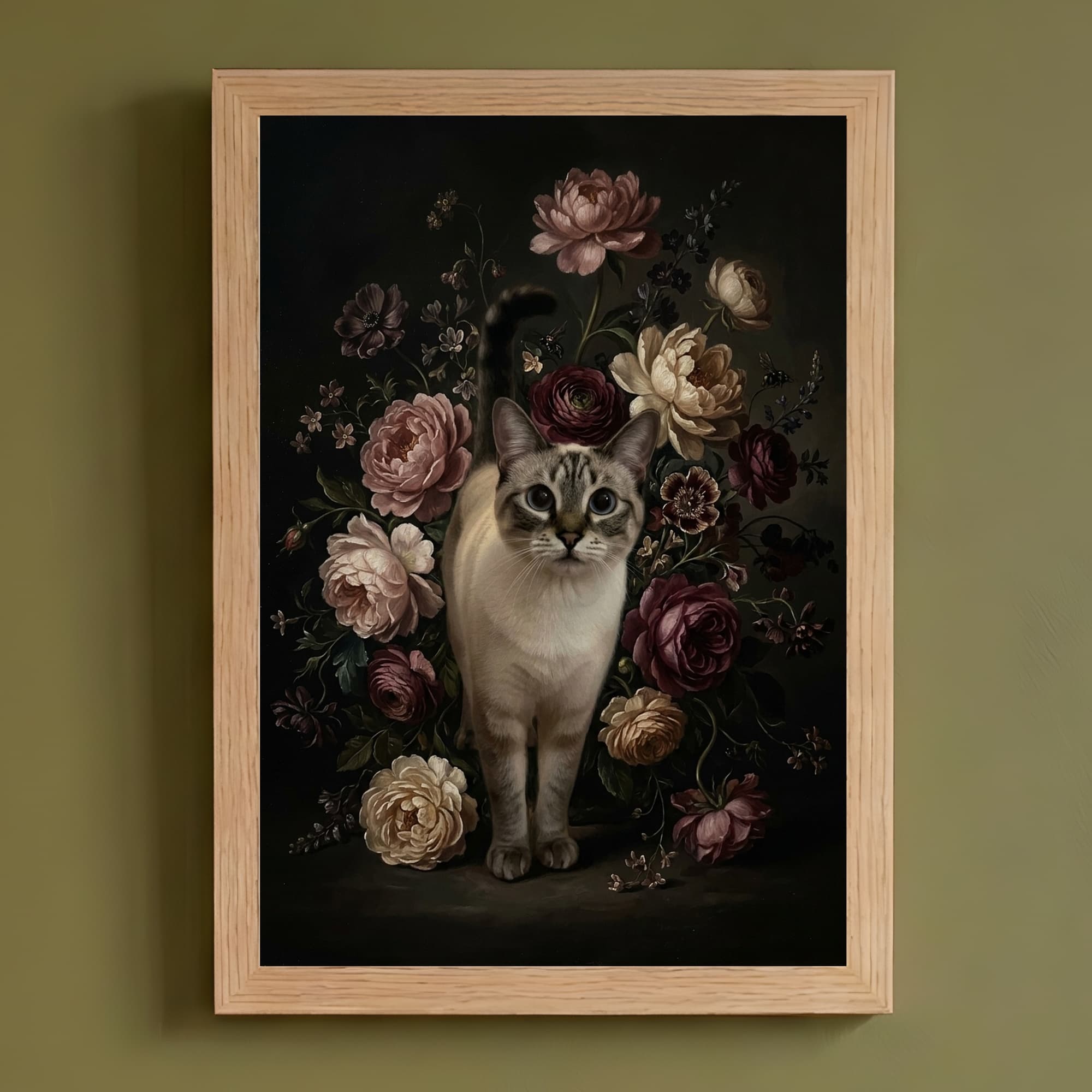シャム猫の花の油絵風アート花柄額装プリント(A4サイズ)