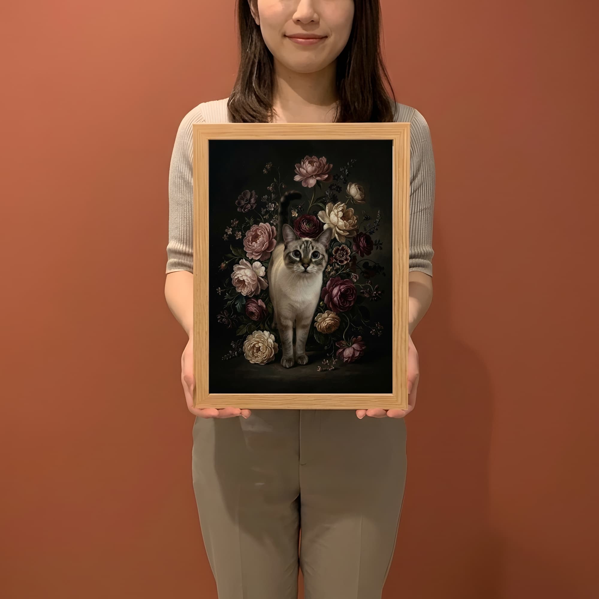 シャム猫の花の油絵風アート花柄額装プリント(A4サイズ) 2