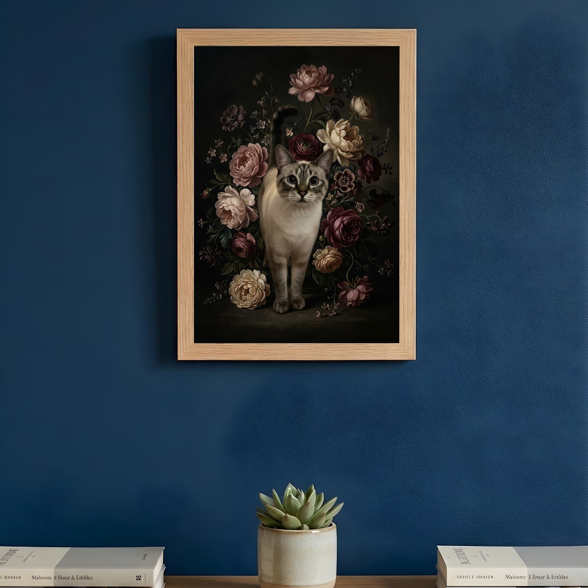 シャム猫の花の油絵風アート花柄額装プリント(A4サイズ) 3