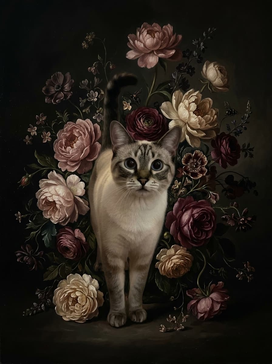 シャム猫の花の油絵風アート花柄額装プリント(A4サイズ) 4