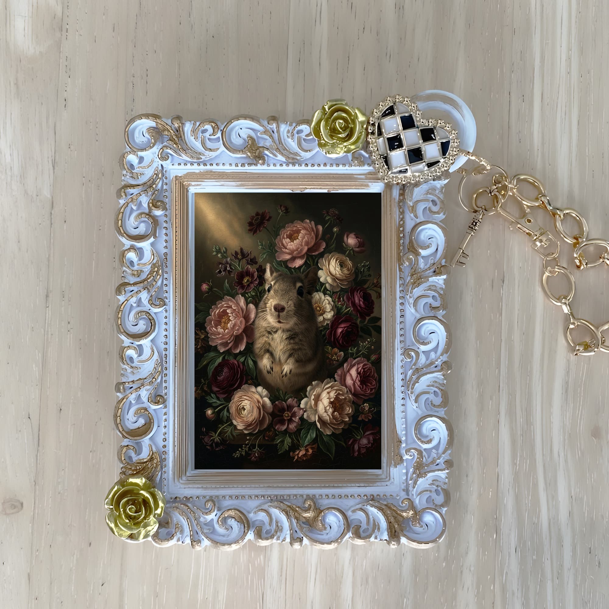 デグーの花の油絵風アート花柄バッグチャーム(ホワイト)
