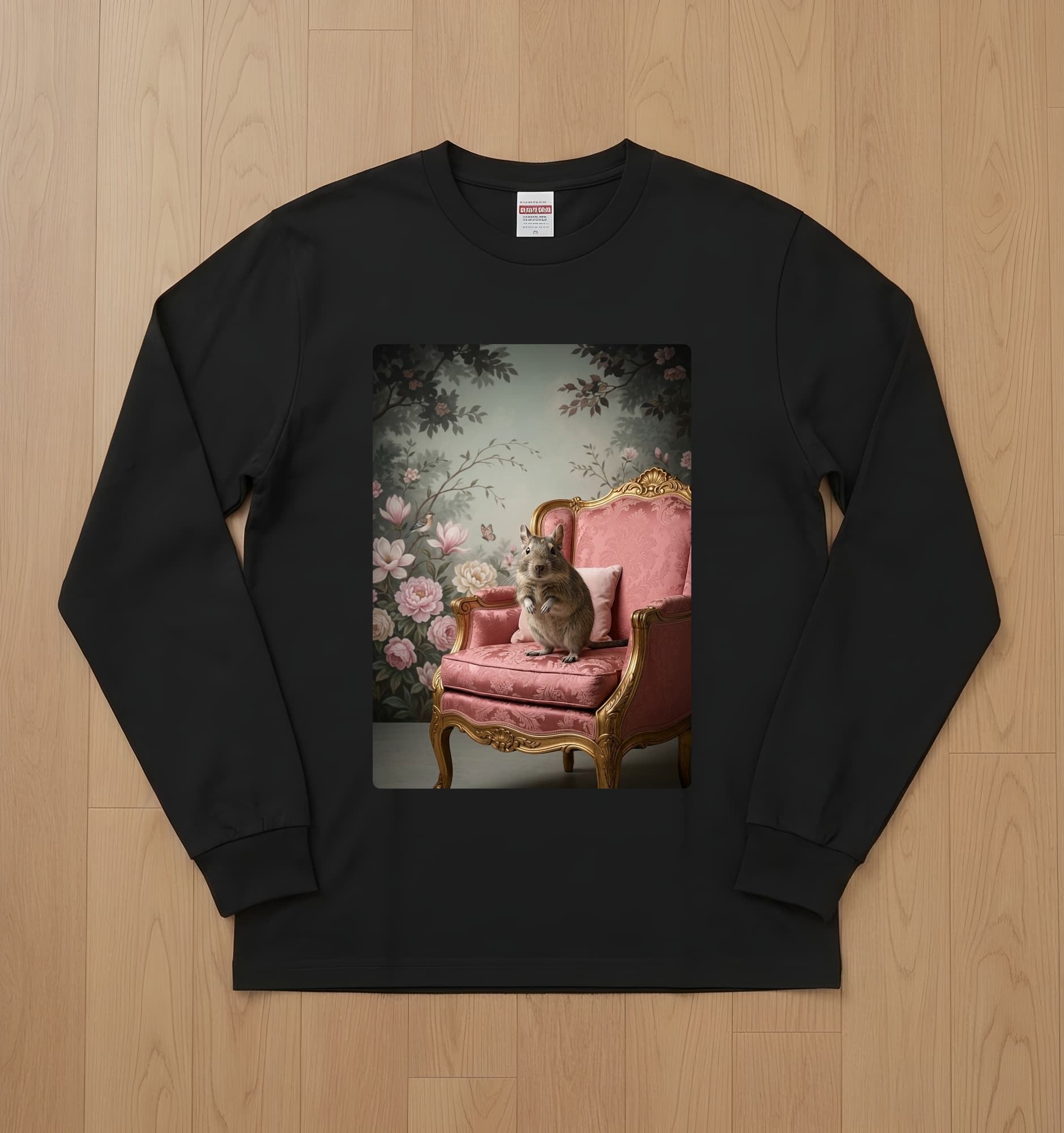 Degu Shabby Pink Oil-Painting Rococo Long Sleeve T-Shirt (Black)