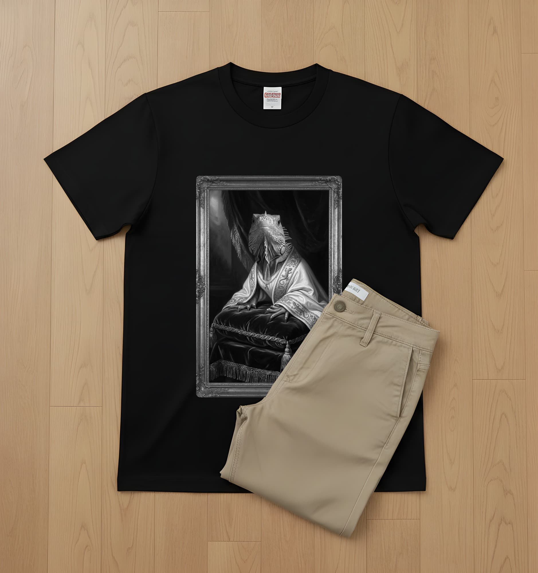 サイイグアナのルネサンス肖像画Tシャツ(ブラック・モノクロプリント・額縁なし) 2