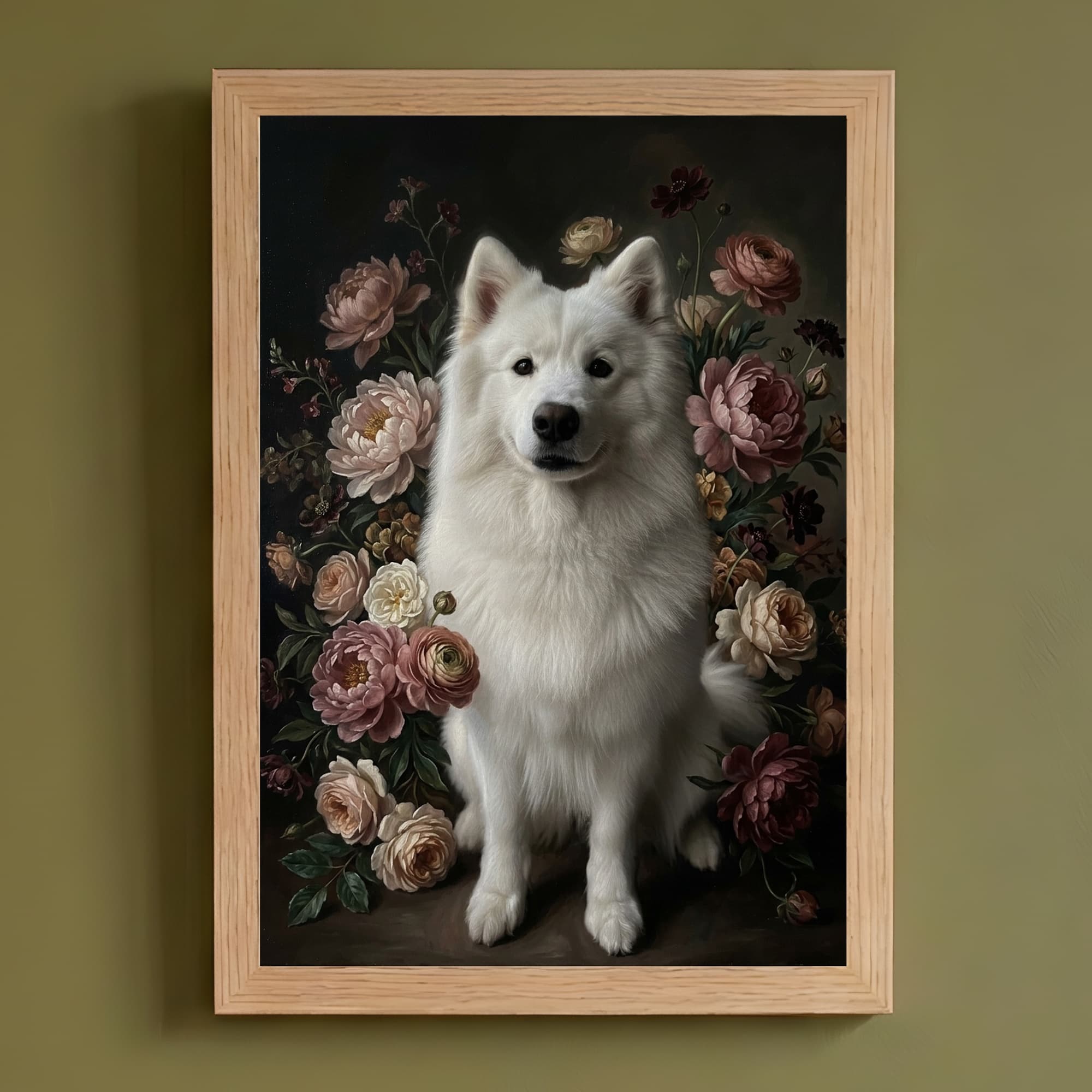 Samoyed Floral Oil-Painting Floral Framed Art Print (A4)