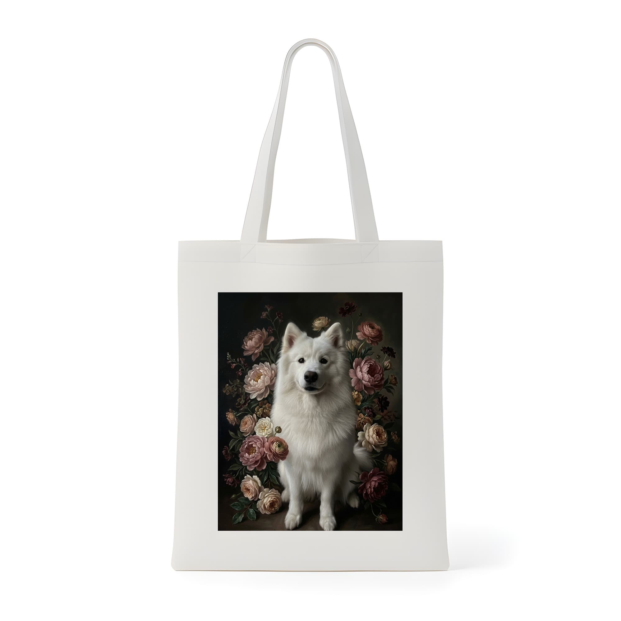 サモエドの花の油絵風アート花柄トートバッグ