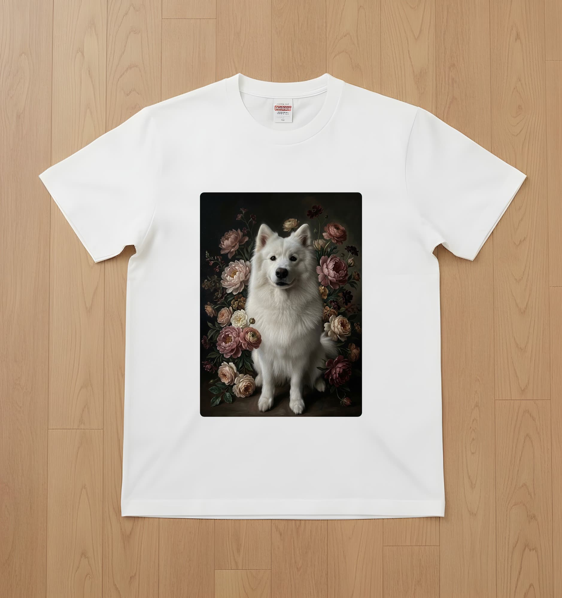 サモエドの花の油絵風アート花柄Tシャツ(ホワイト)