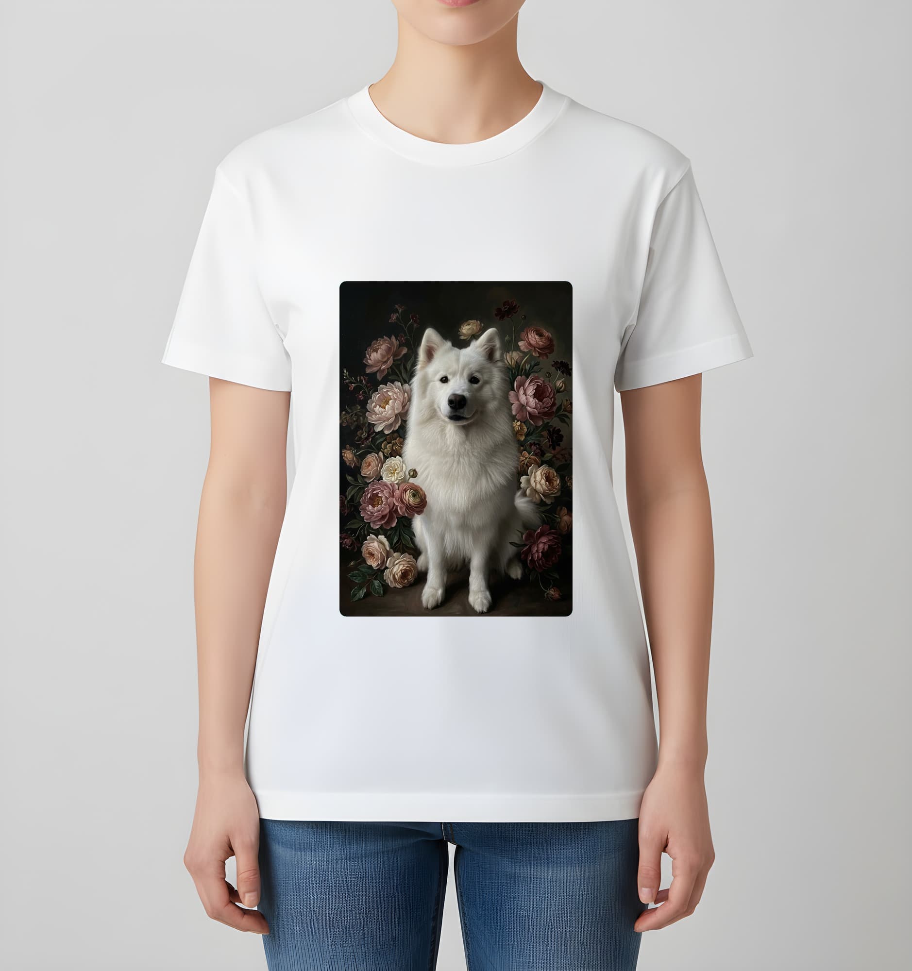 サモエドの花の油絵風アート花柄Tシャツ(ホワイト) 4