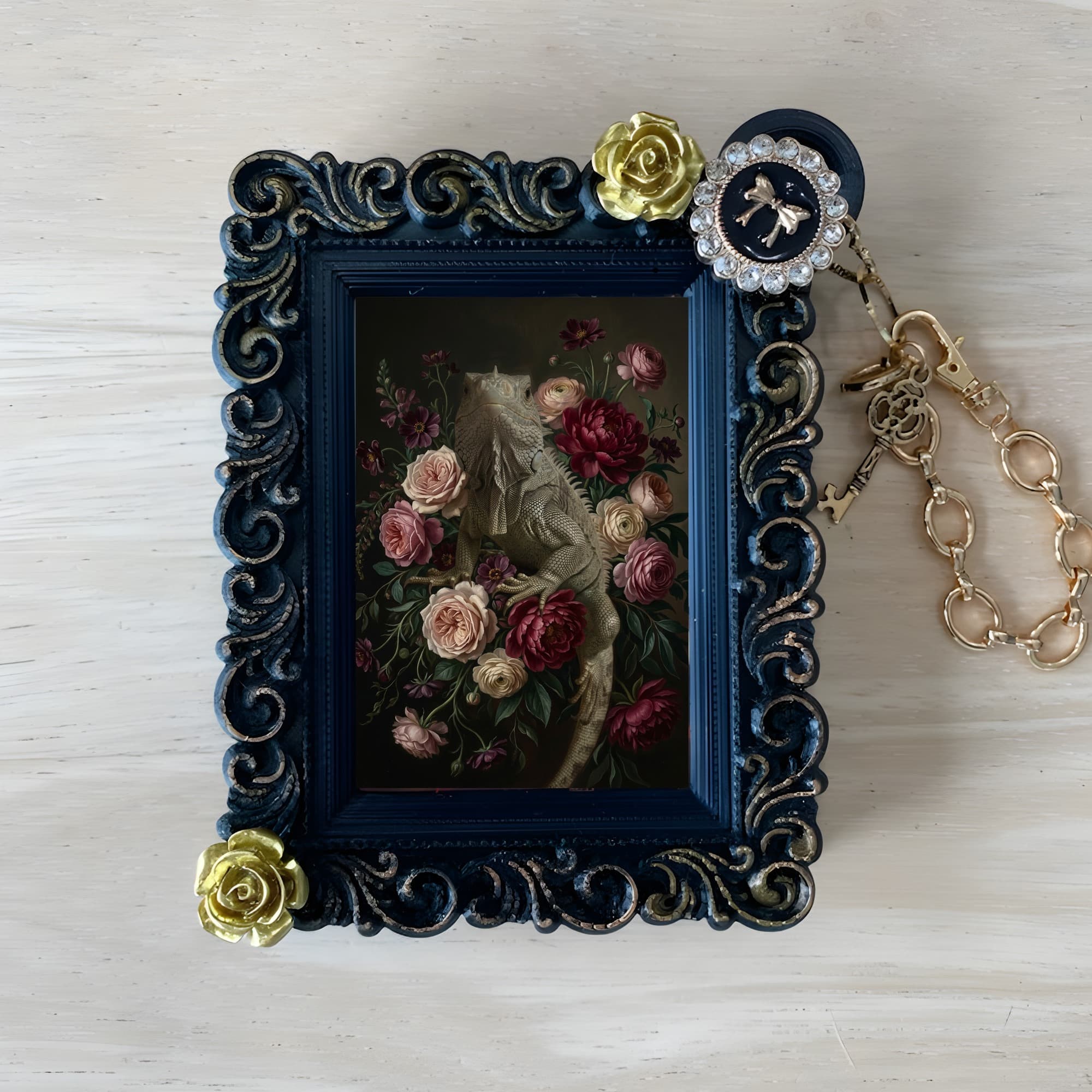 Rhinoceros Iguana Floral Oil-Painting Floral Bag Charm (Black)