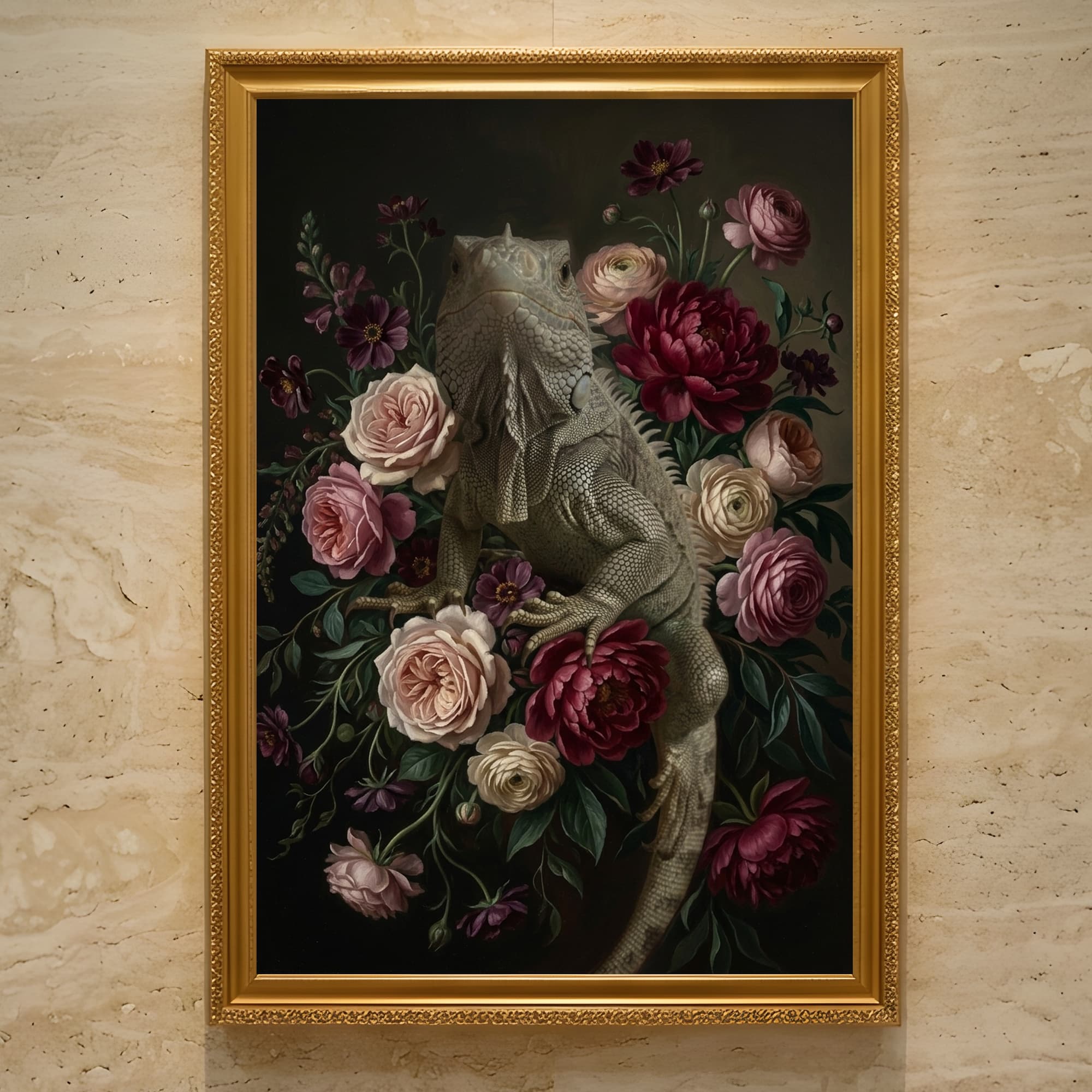 サイイグアナの花の油絵風アート花柄額装プリント(A3サイズ)