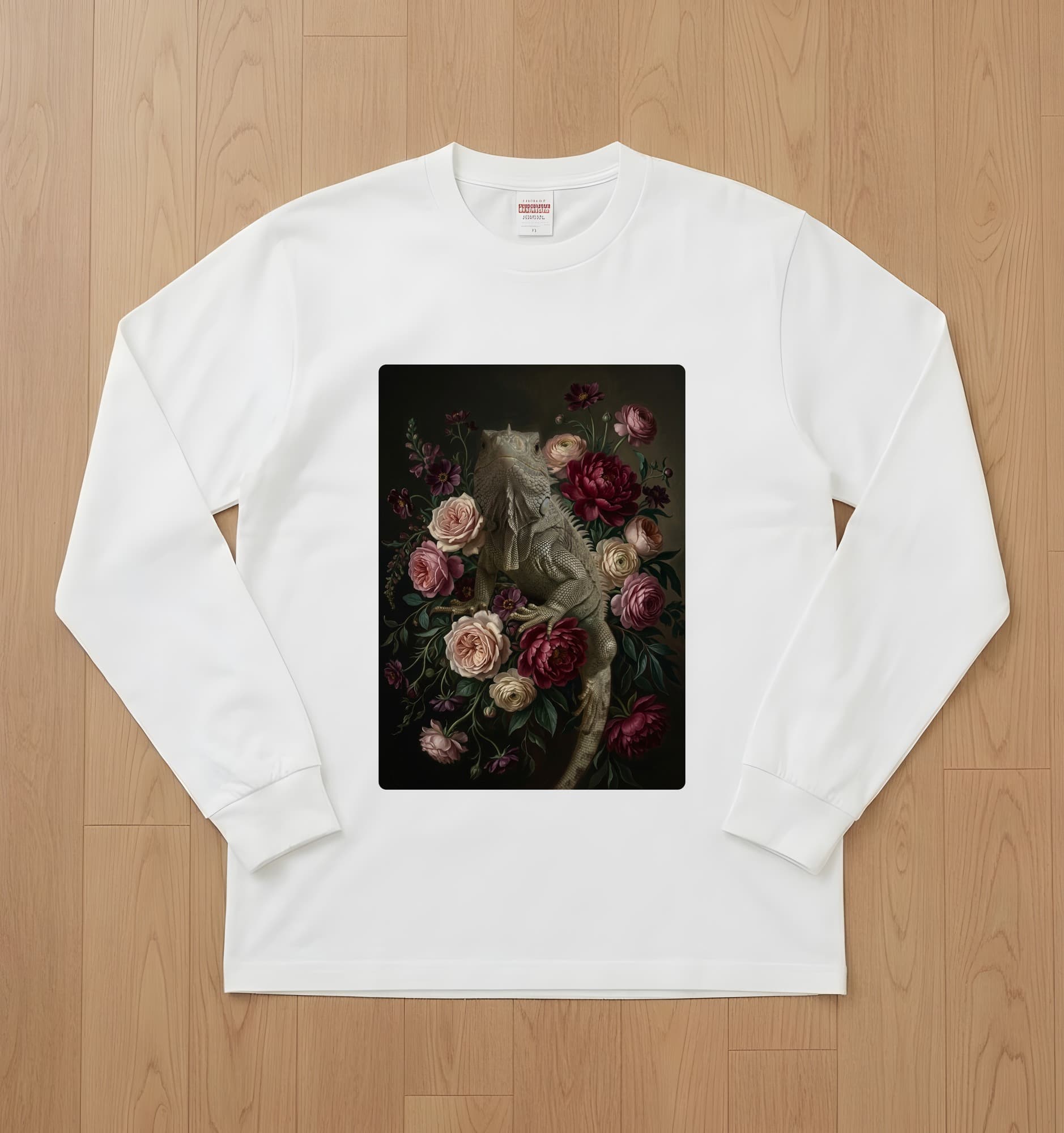 サイイグアナの花の油絵風アート花柄長袖Tシャツ(ホワイト)