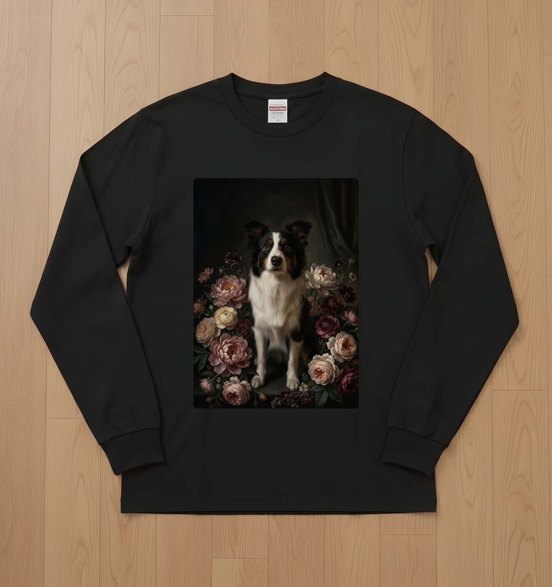 ボーダーコリーの花の油絵風アート花柄長袖Tシャツ(ブラック)