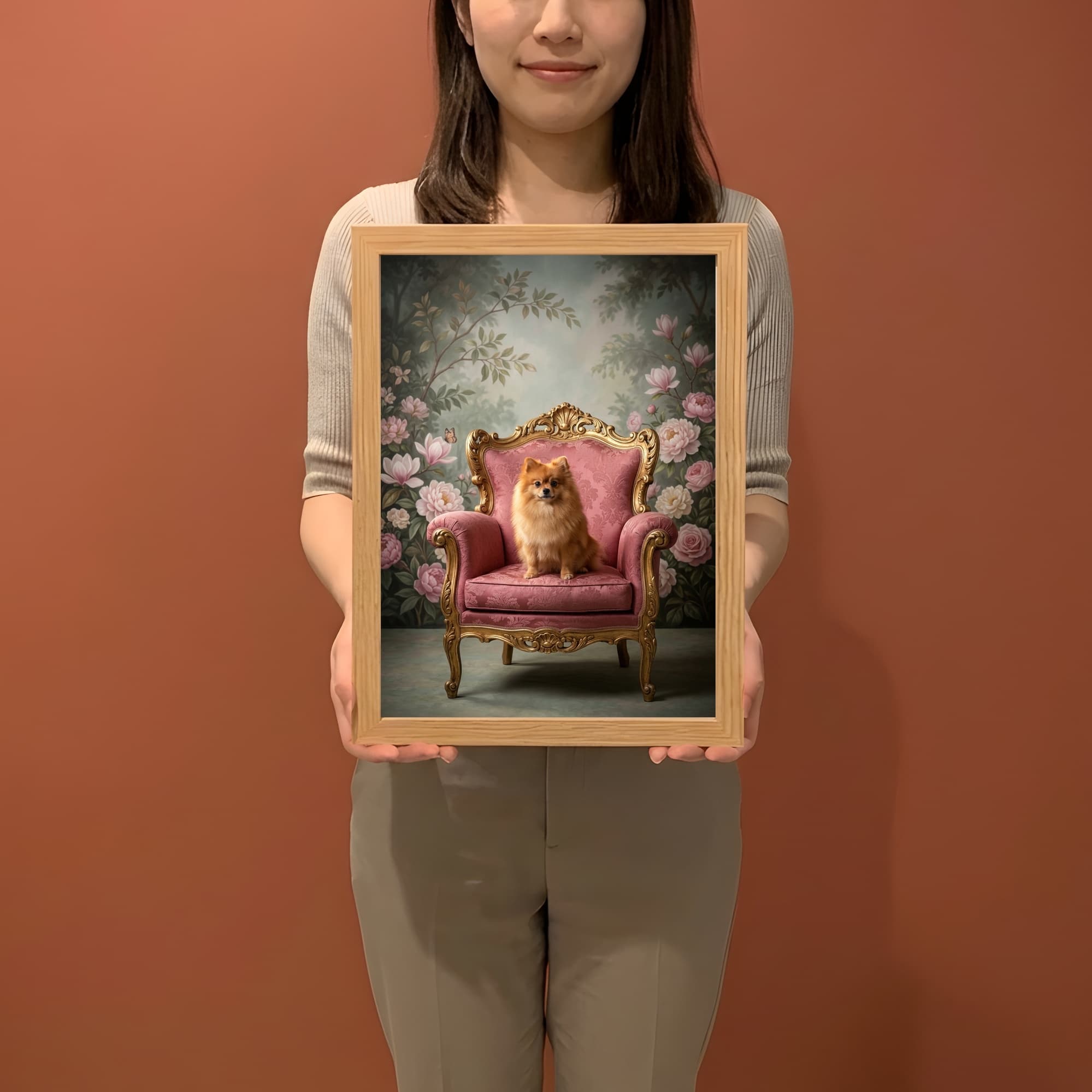 ポメラニアンのシャビーピンクの油絵風アートロココ調額装プリント(A4サイズ) 2