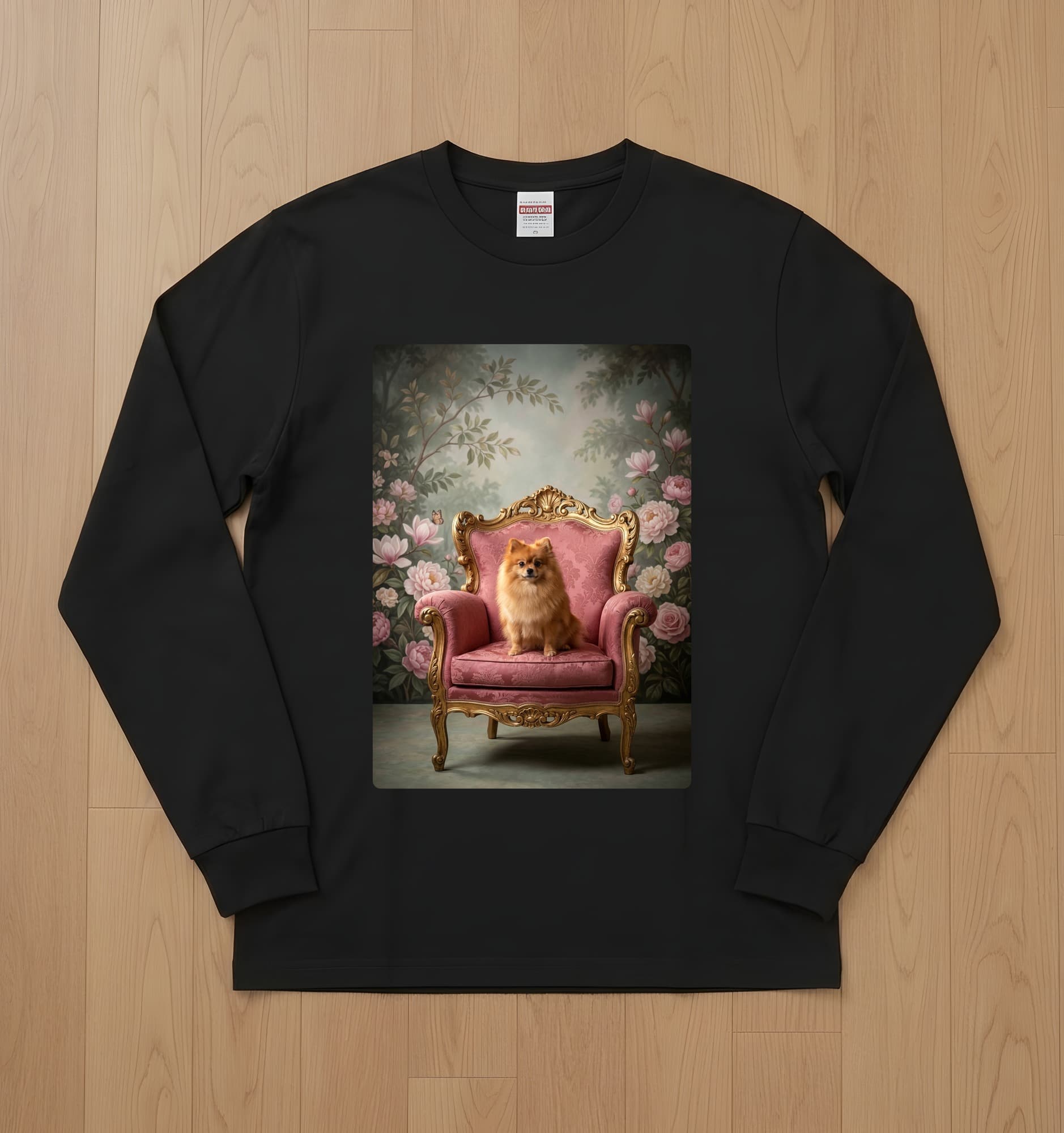 Pomeranian Shabby Pink Oil-Painting Rococo Long Sleeve T-Shirt (Black)