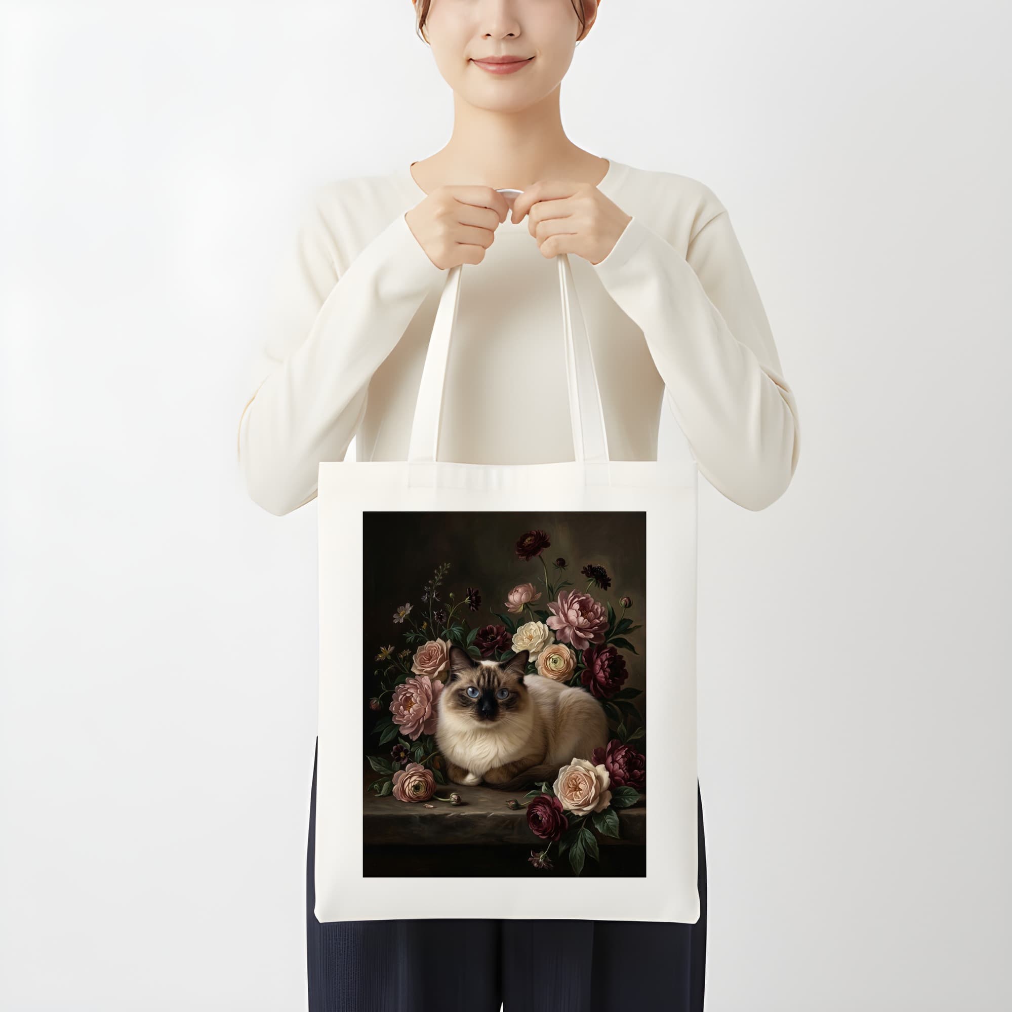 バーマンの花の油絵風アート花柄トートバッグ 3