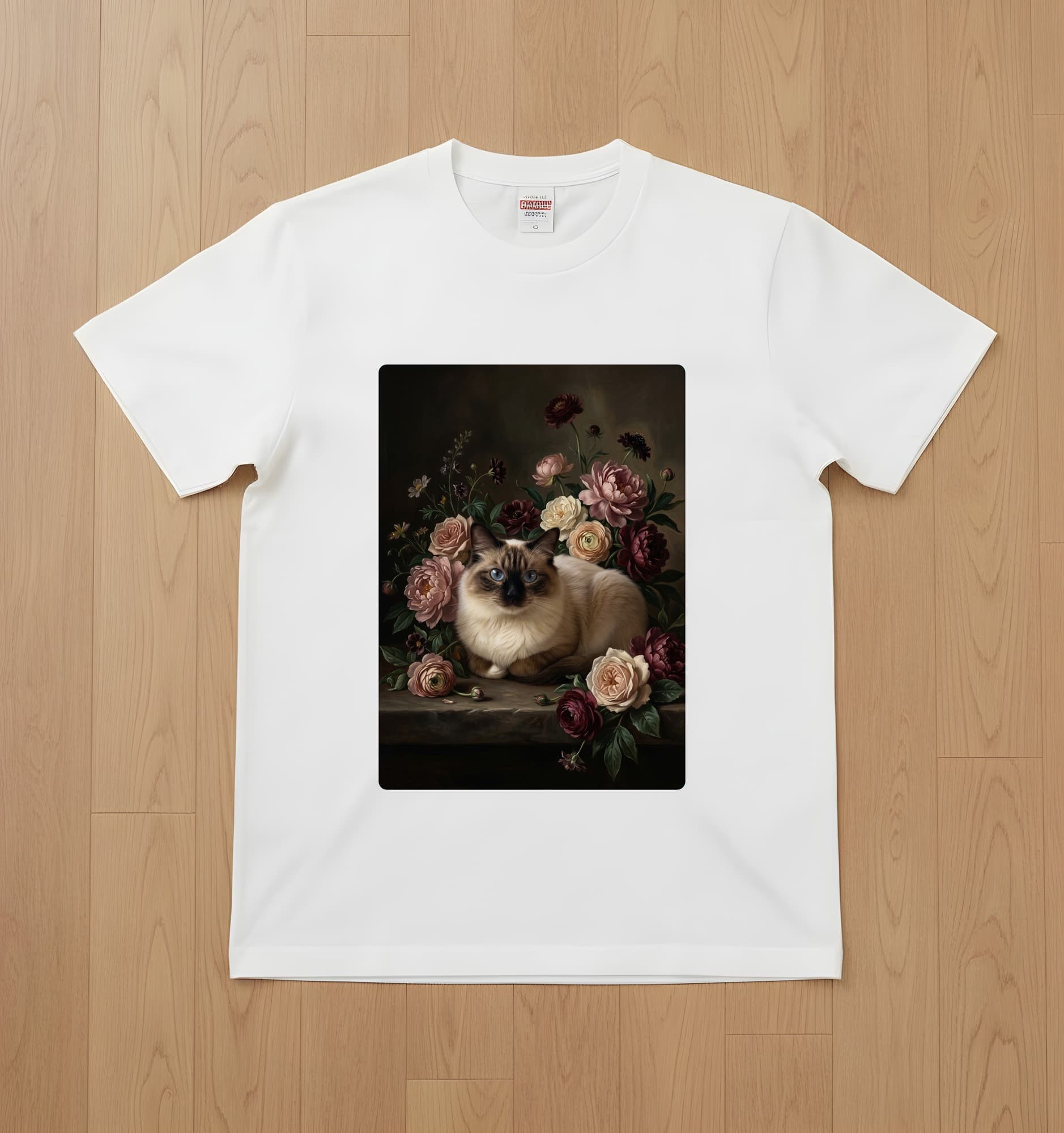 バーマンの花の油絵風アート花柄Tシャツ(ホワイト)
