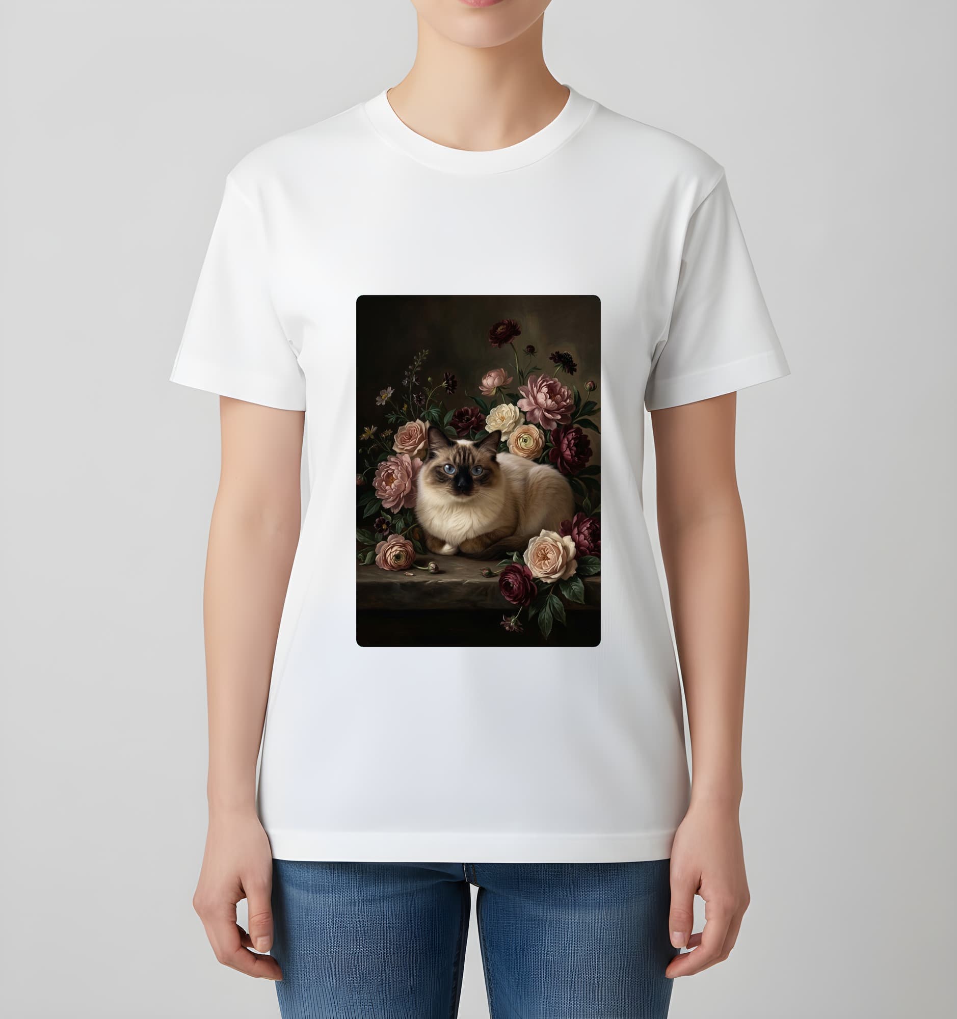 バーマンの花の油絵風アート花柄Tシャツ(ホワイト) 4