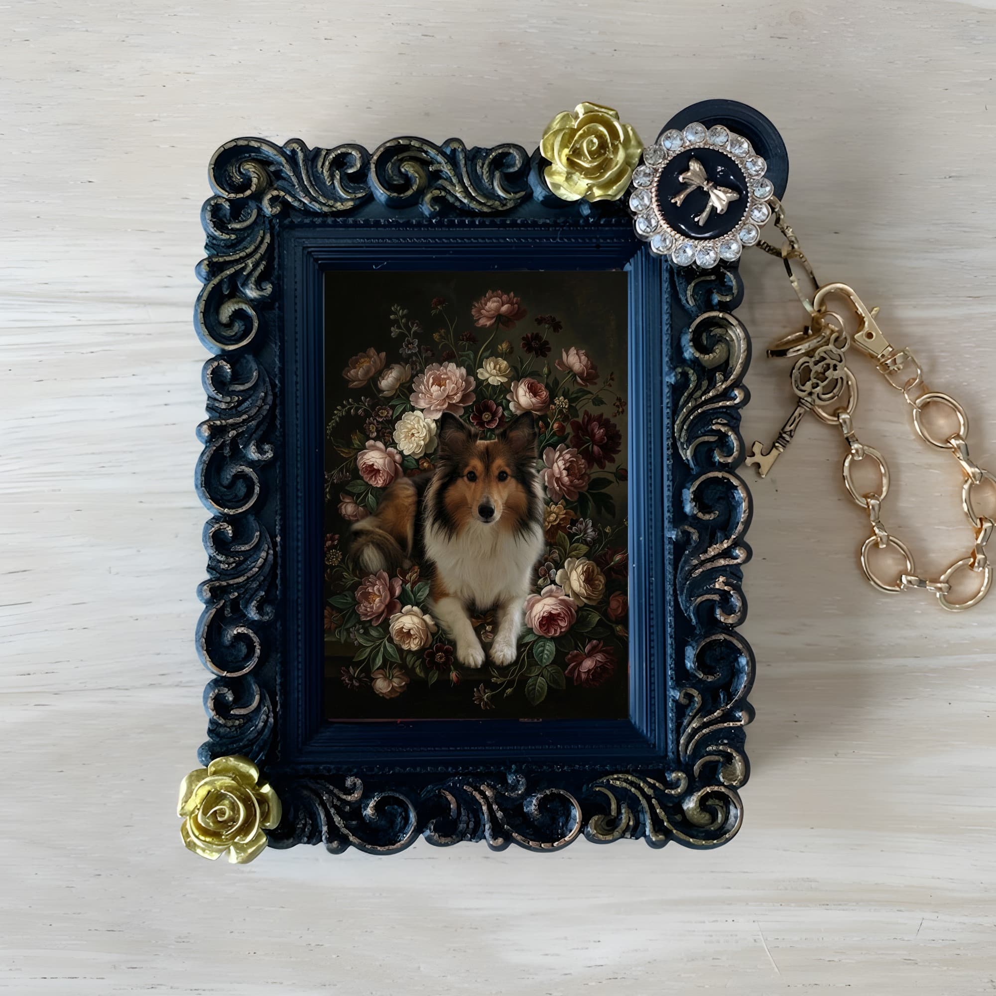 Shetland sheepdog Floral Oil-Painting Floral Bag Charm (Black)