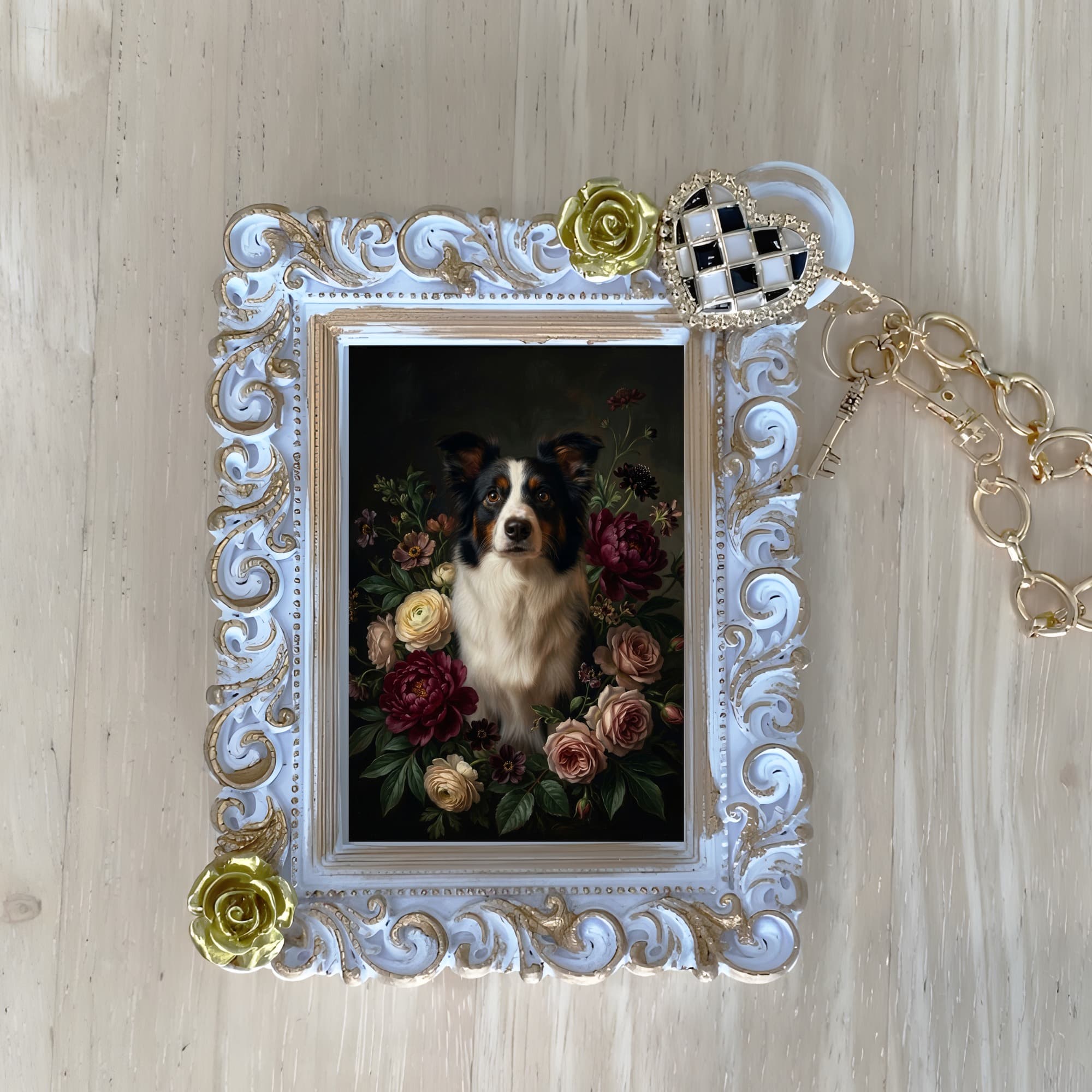 border collie Floral Oil-Painting Floral Bag Charm (White)
