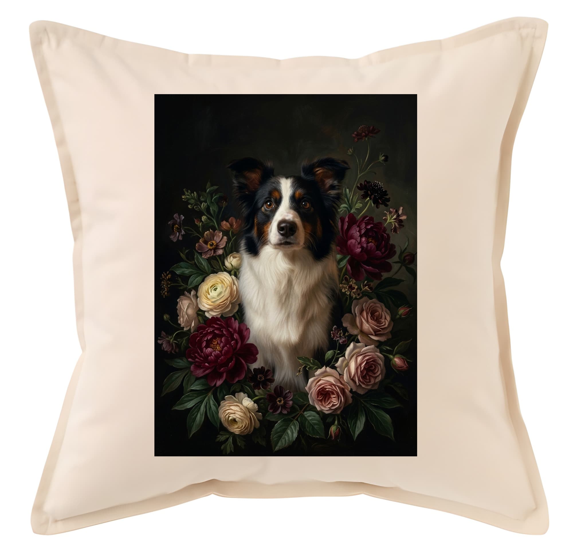 border collie Floral Oil-Painting Floral Cushion