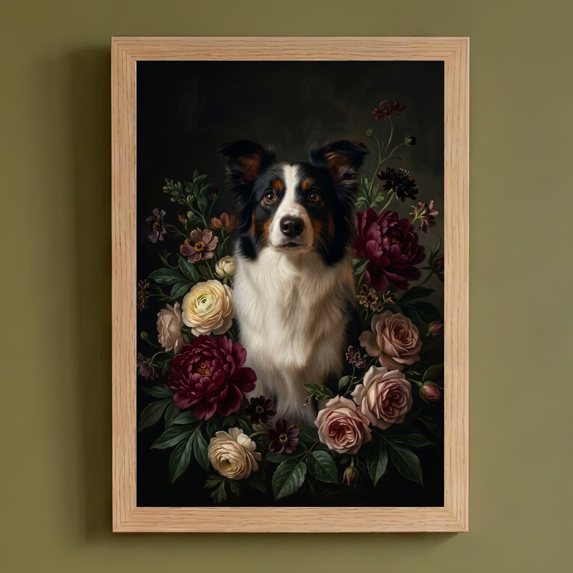ボーダーコリーの花の油絵風アート花柄額装プリント(A4サイズ)