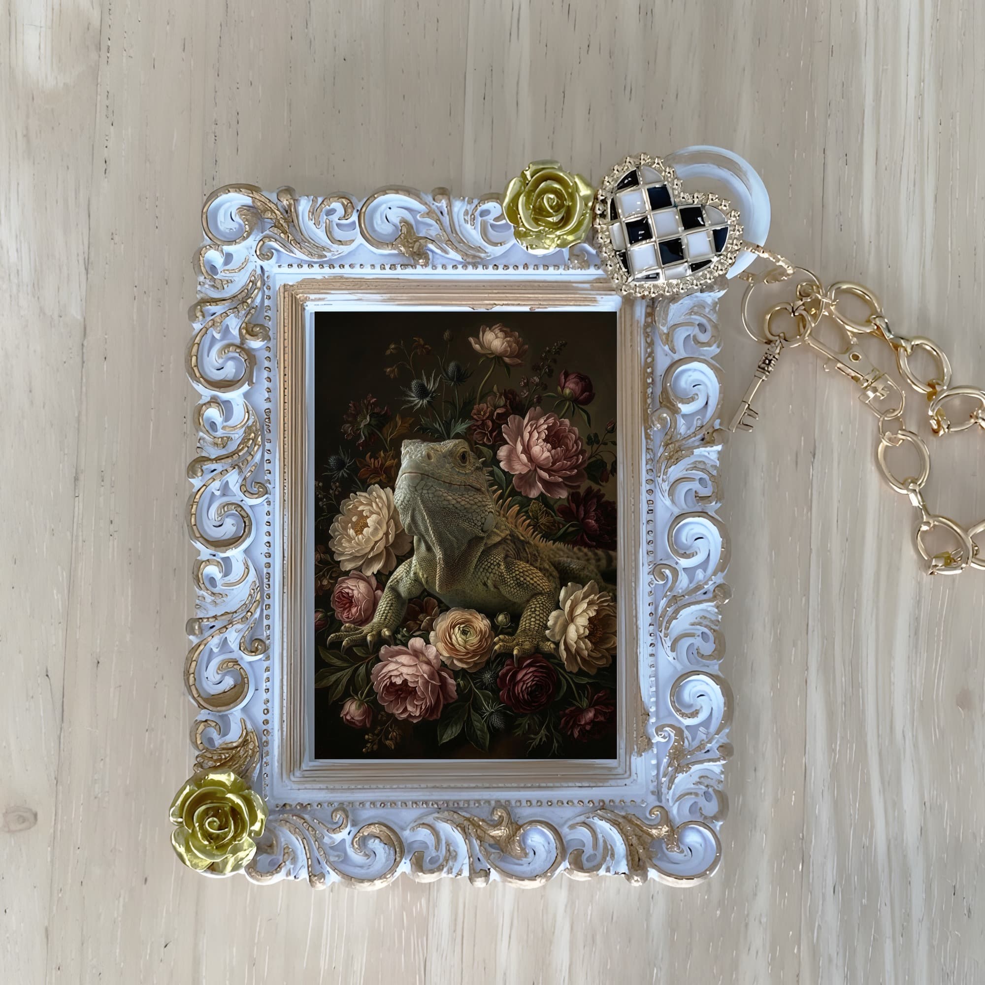 Spiny-tailed Iguana Floral Oil-Painting Floral Bag Charm (White)