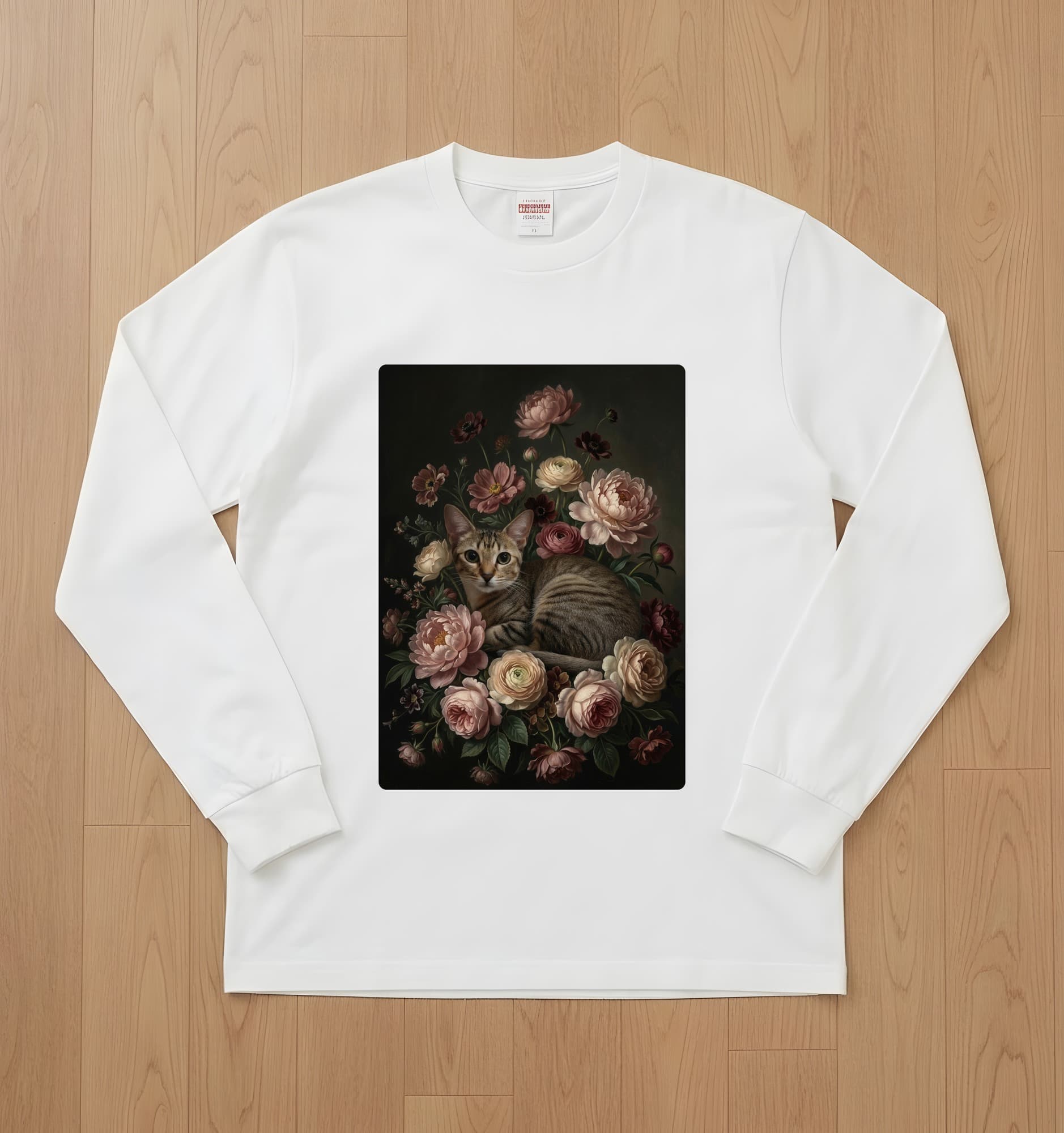 シンガプーラの花の油絵風アート花柄長袖Tシャツ(ホワイト)