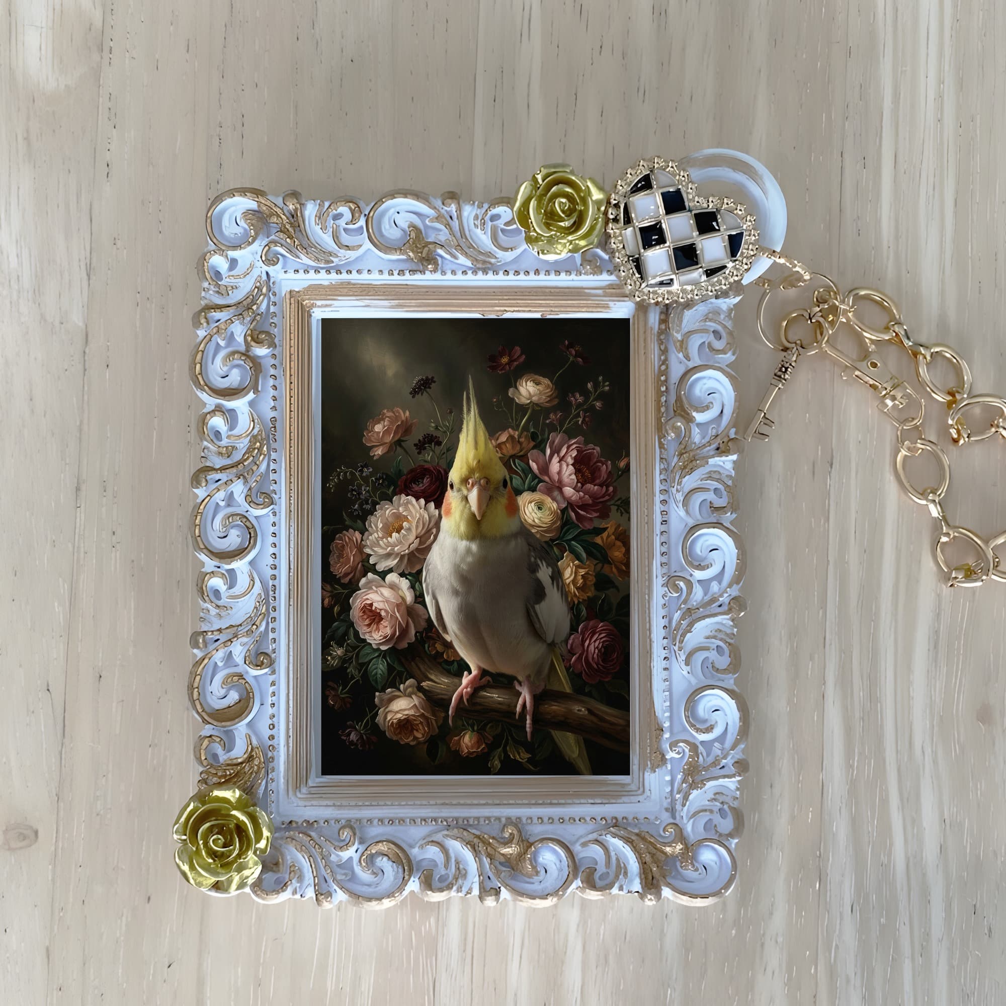 オカメインコの花の油絵風アート花柄バッグチャーム(ホワイト)