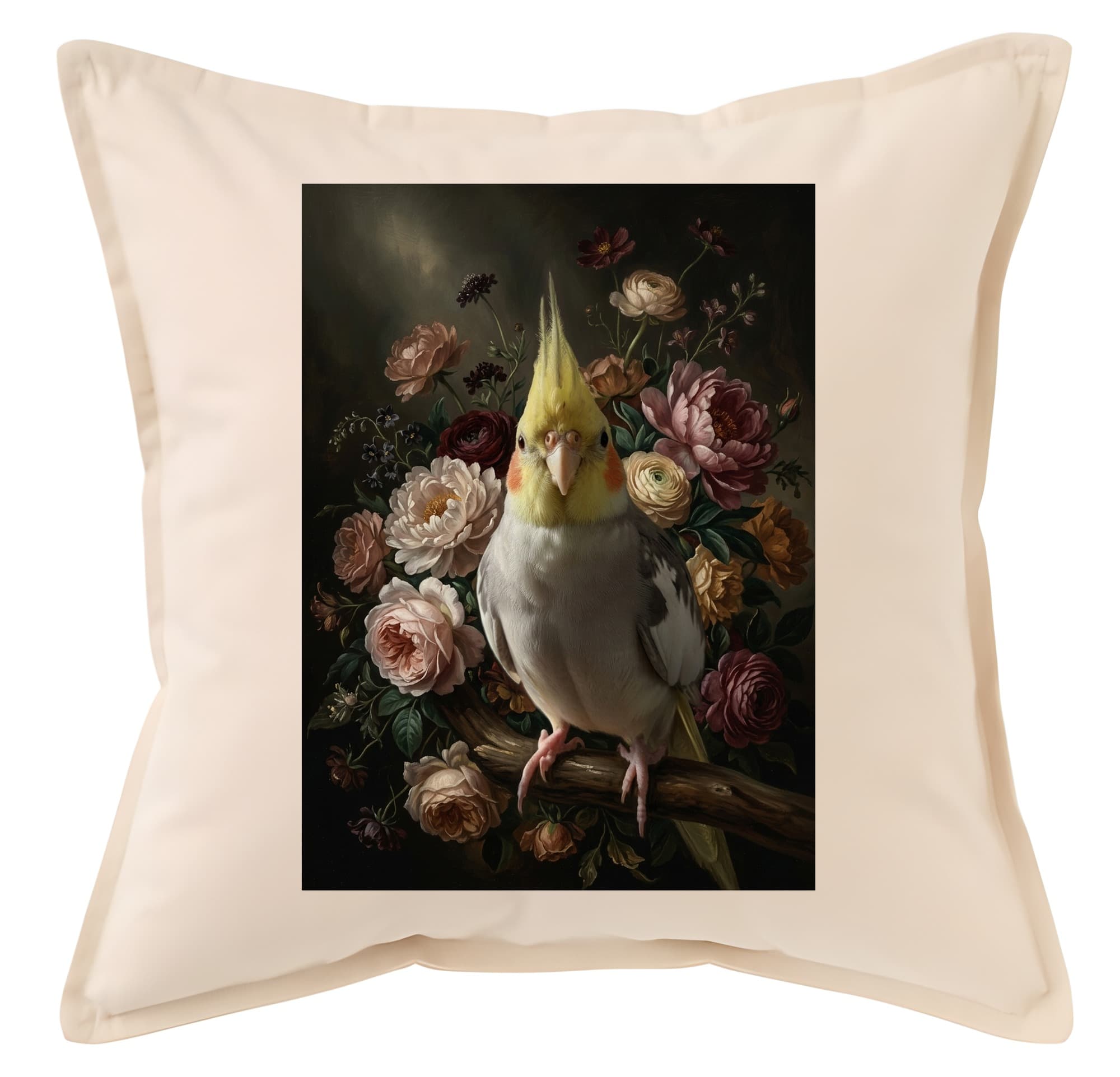 オカメインコの花の油絵風アート花柄クッション