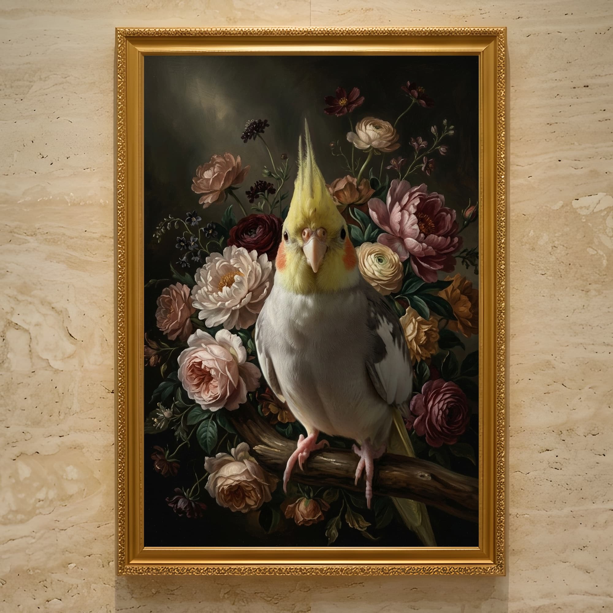 Cockatiel Floral Oil-Painting Floral Framed Art Print (A3)