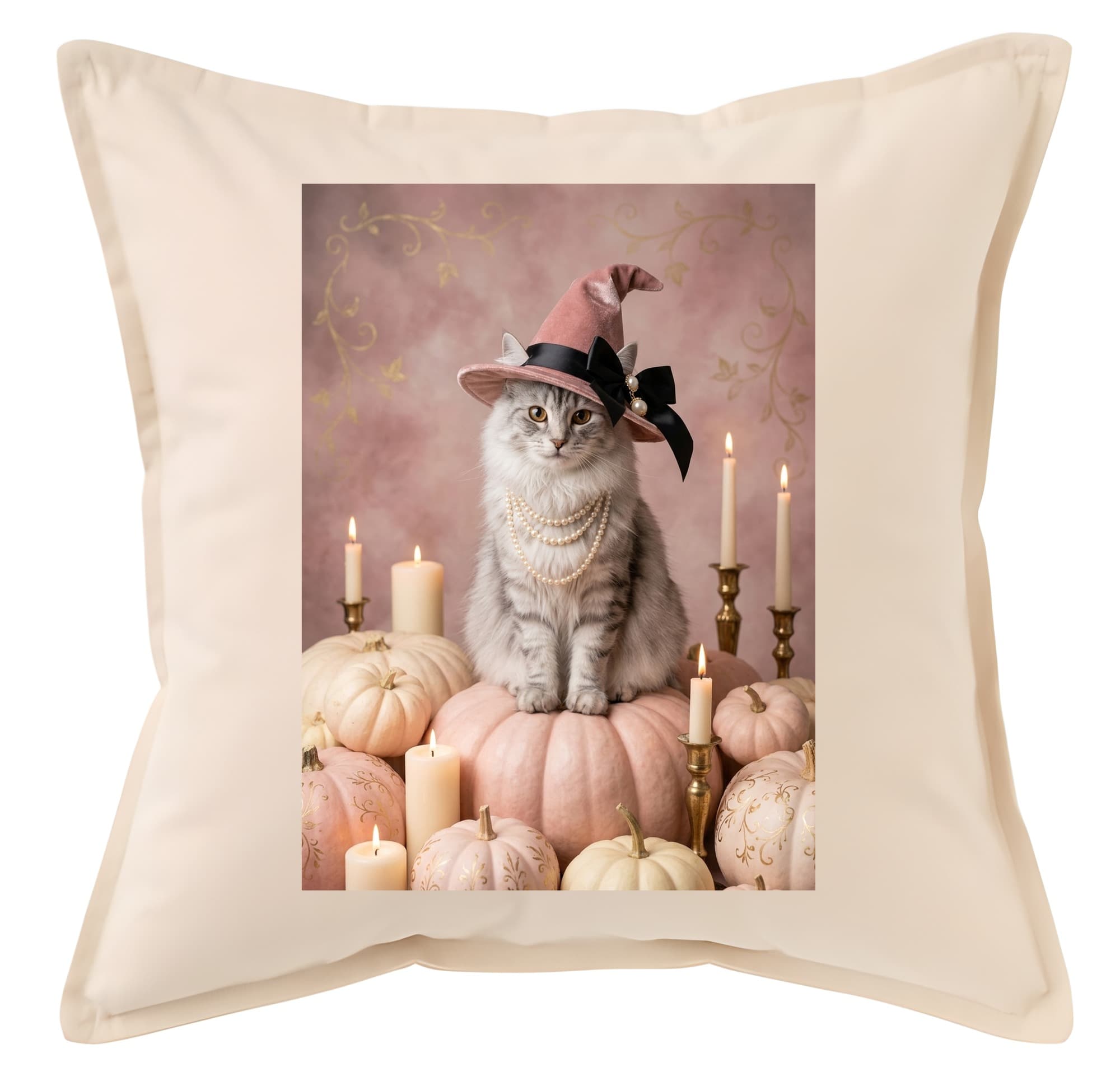 ノルウェージャンフォレストキャットのかぼちゃとキャンドルの油絵風アートハロウィンクッション