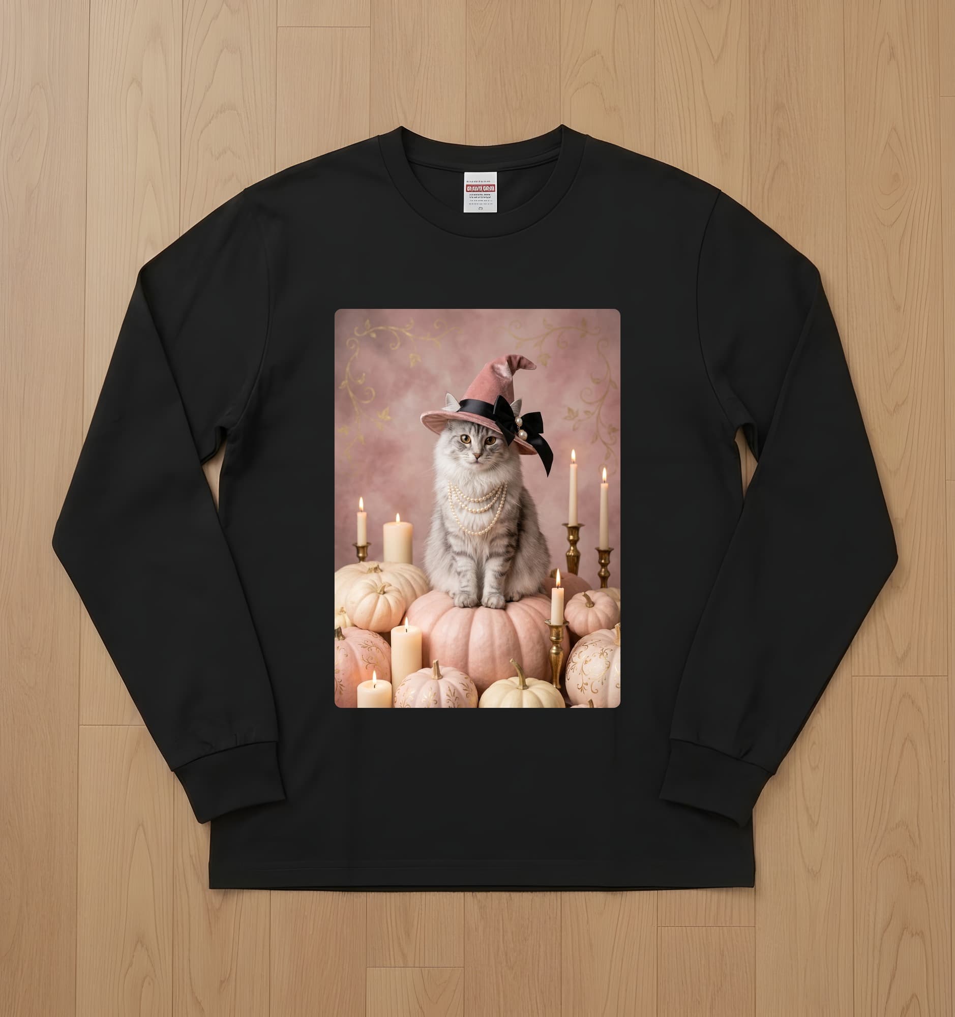 Norwegian Forest cat Pumpkin & Candlelight Oil-Painting Halloween Long Sleeve T-Shirt (Black)