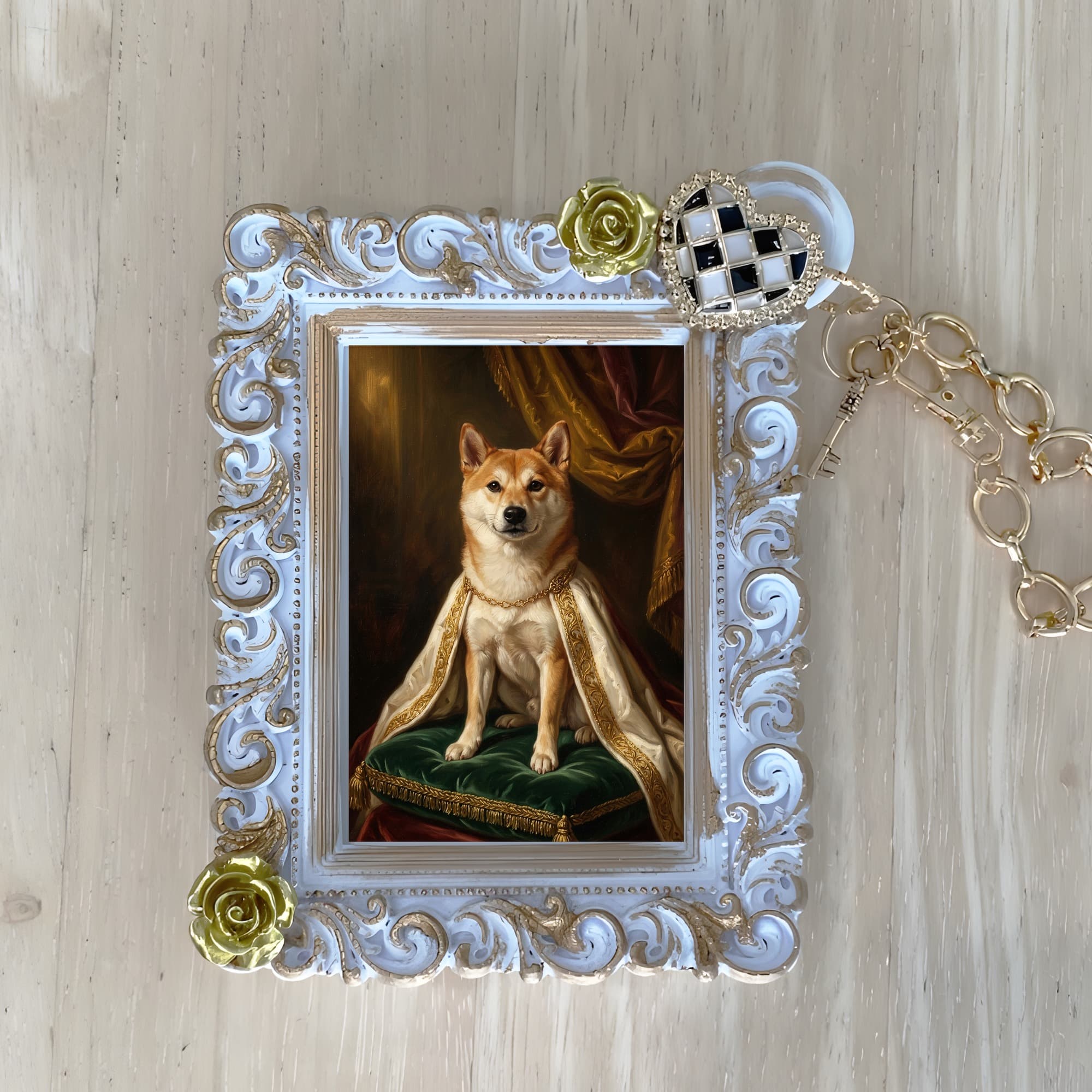 柴犬のルネサンス肖像画バッグチャーム(ホワイト)