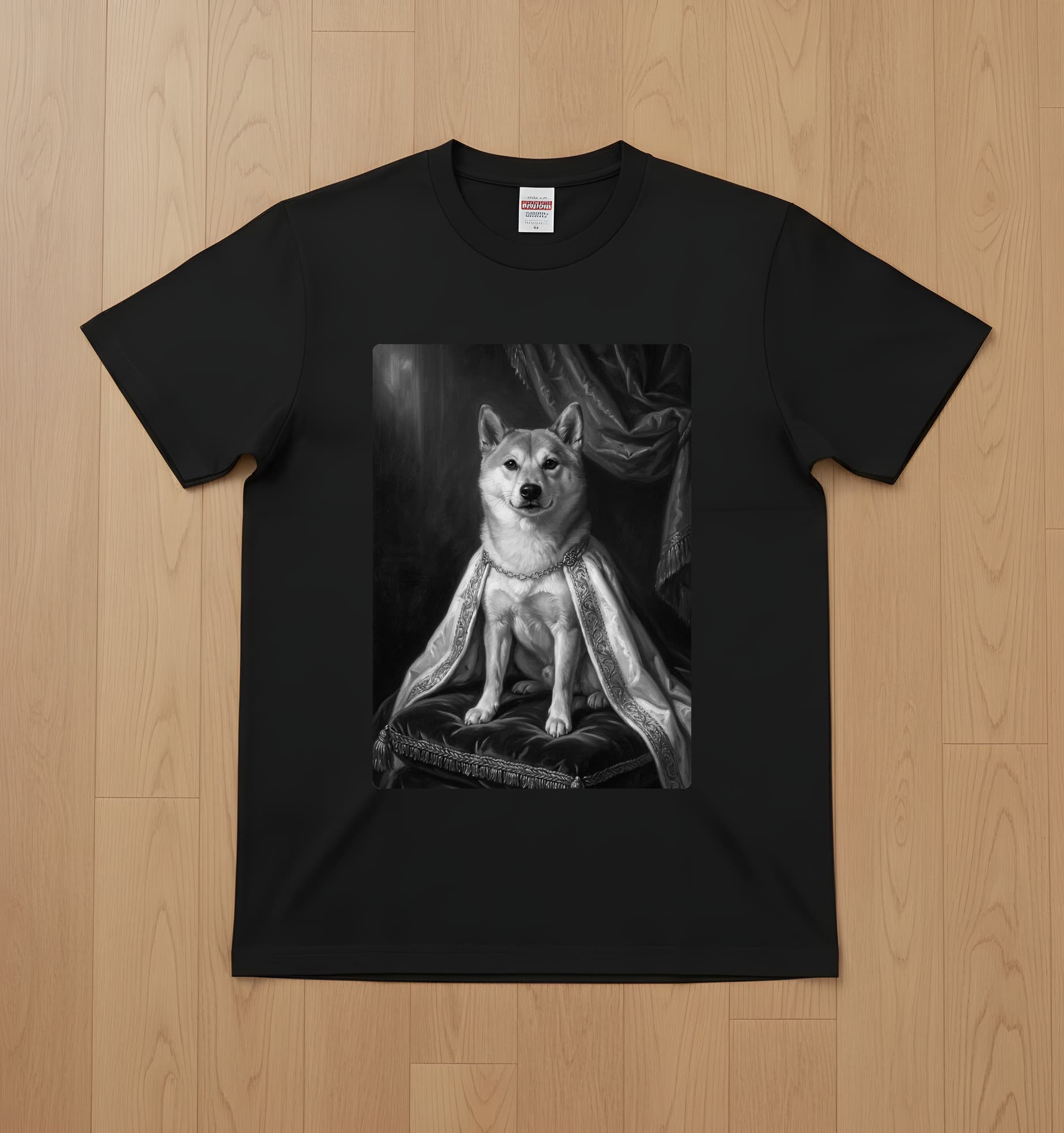 Shiba Inu Renaissance Portrait T-Shirt (Black, Monochrome Print, No Frame)