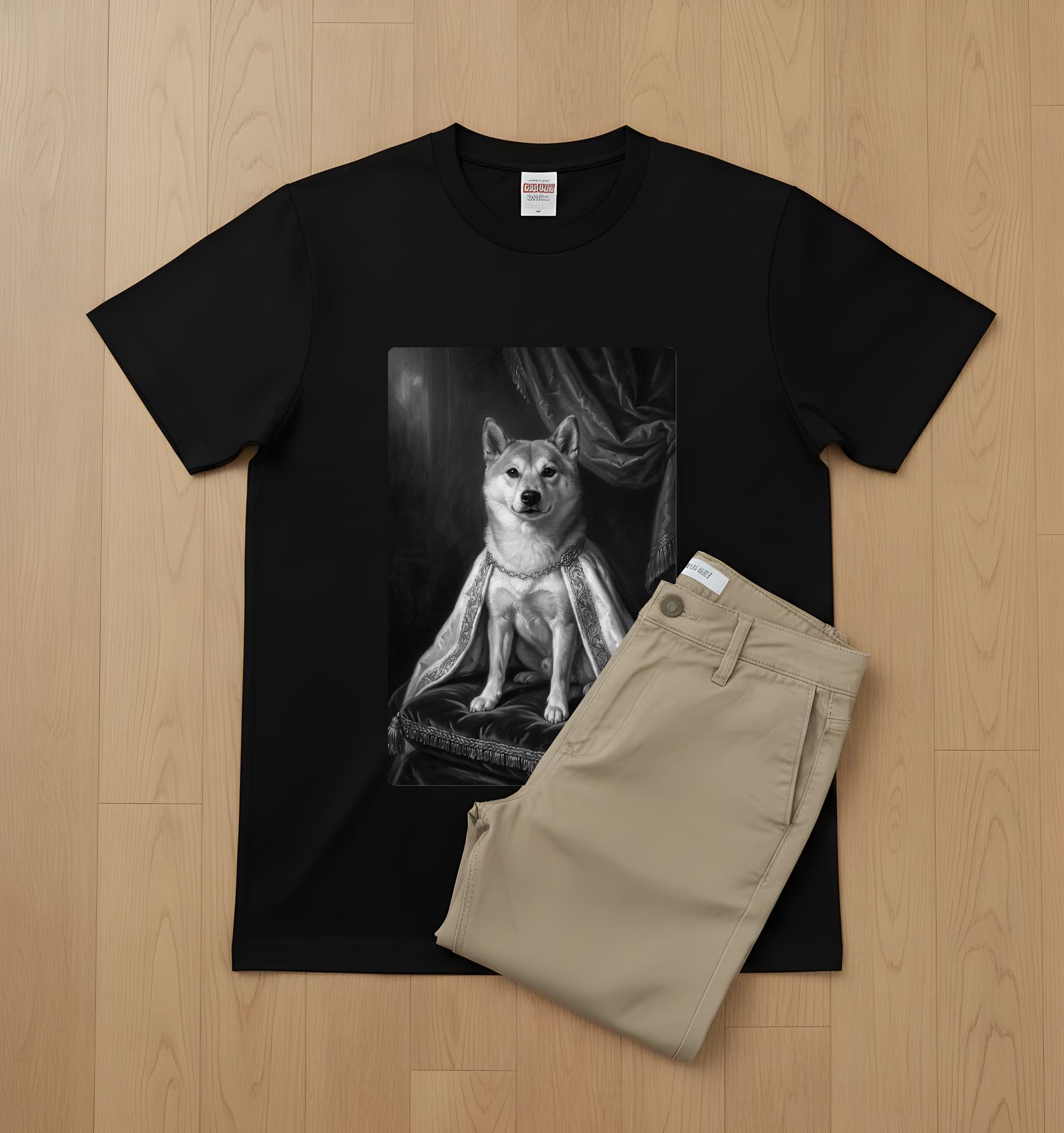 柴犬のルネサンス肖像画Tシャツ(ブラック・モノクロプリント・額縁なし) 2