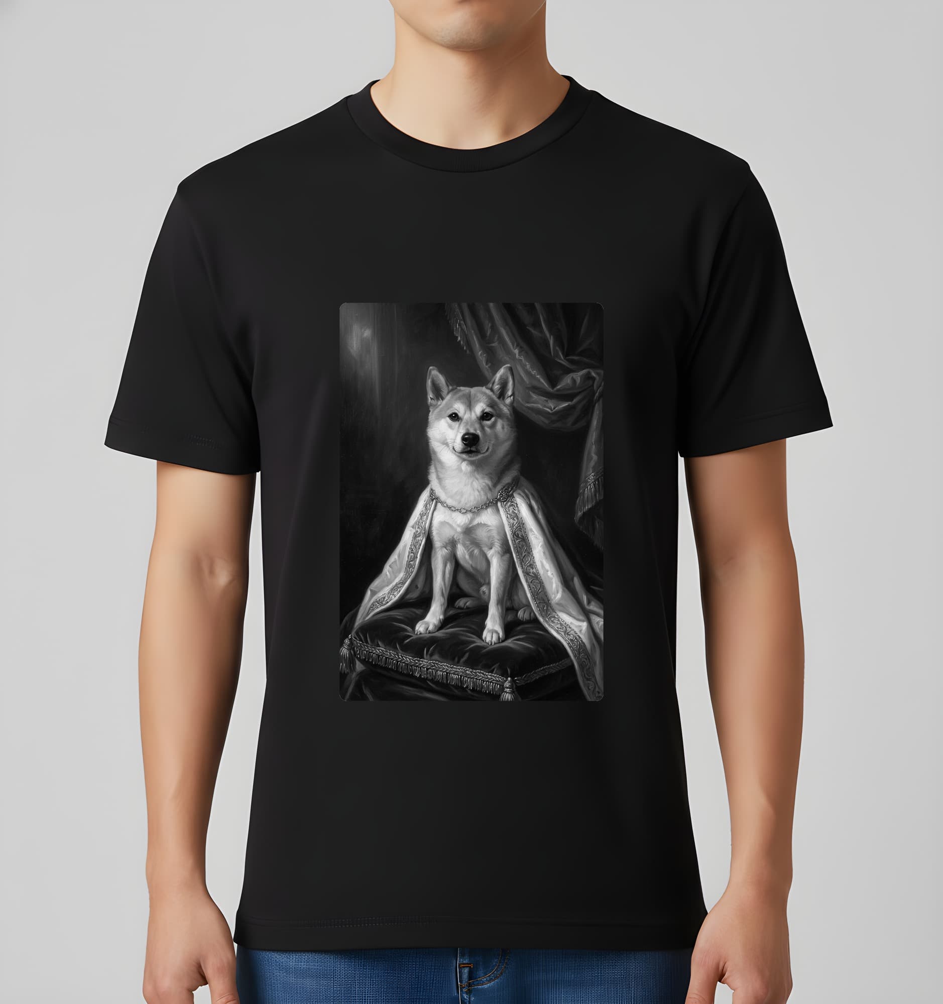 柴犬のルネサンス肖像画Tシャツ(ブラック・モノクロプリント・額縁なし) 3