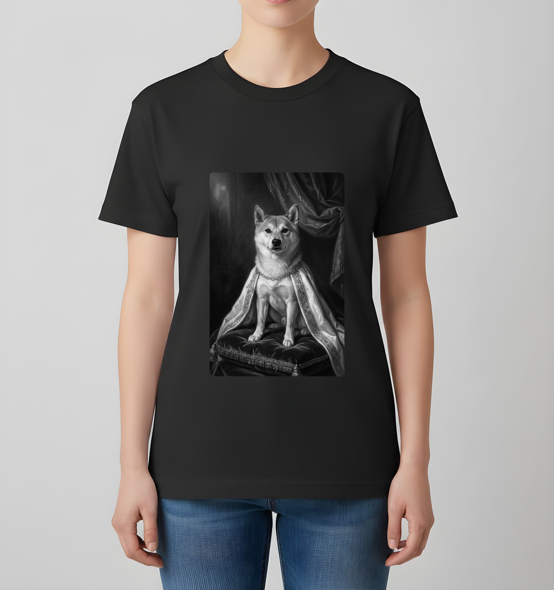 柴犬のルネサンス肖像画Tシャツ(ブラック・モノクロプリント・額縁なし) 4