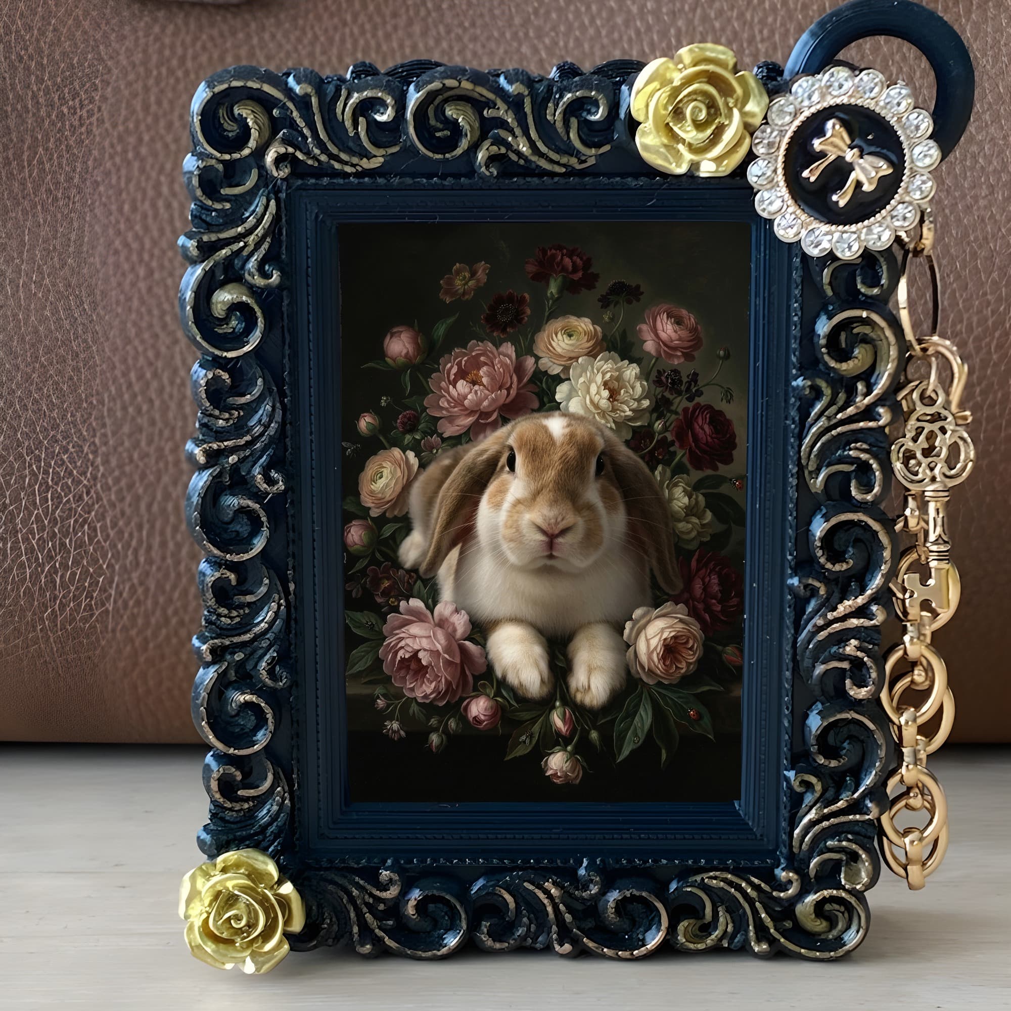 フレンチロップの花の油絵風アート花柄バッグチャーム(ブラック) 2