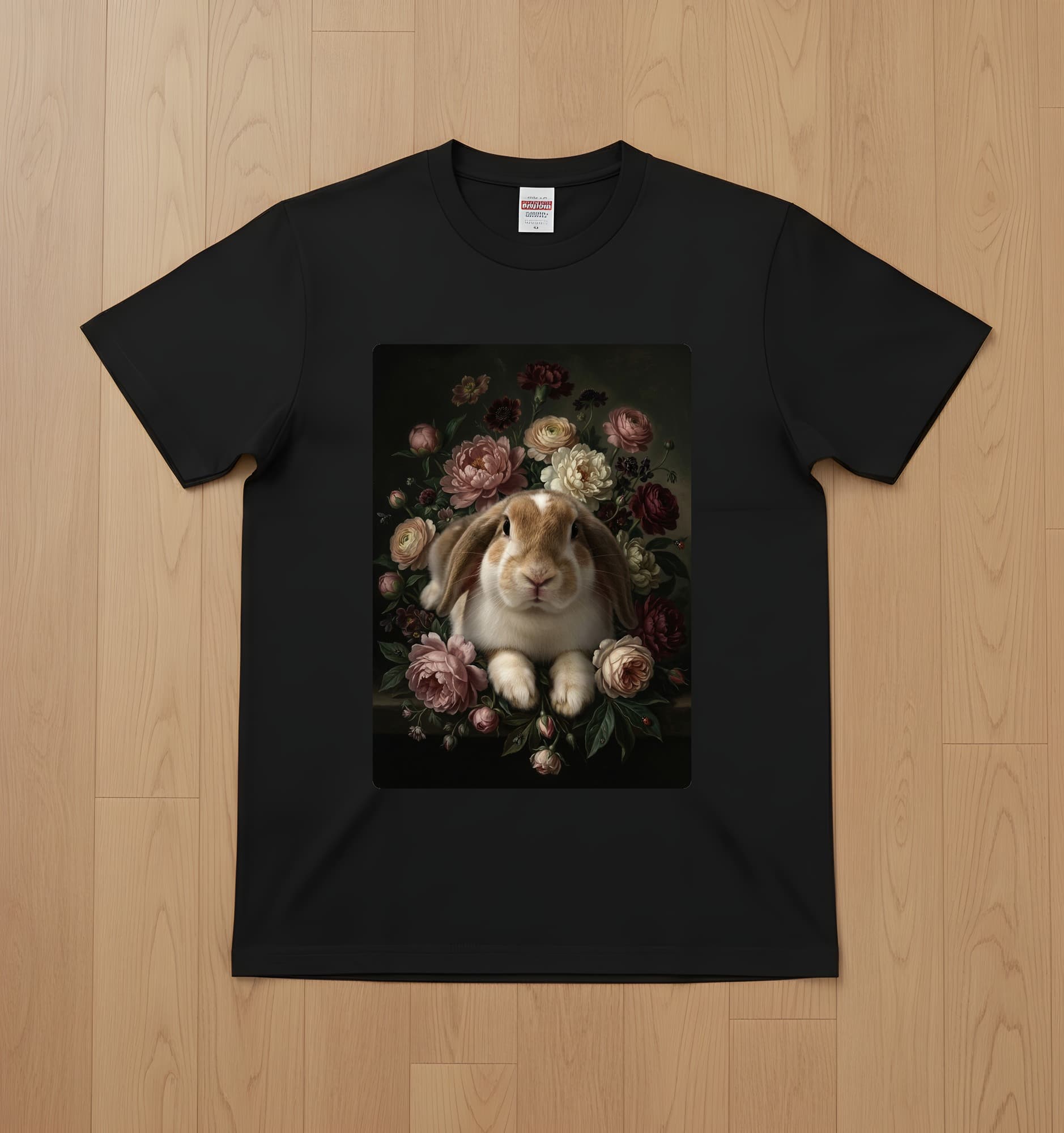 フレンチロップの花の油絵風アート花柄Tシャツ(ブラック)