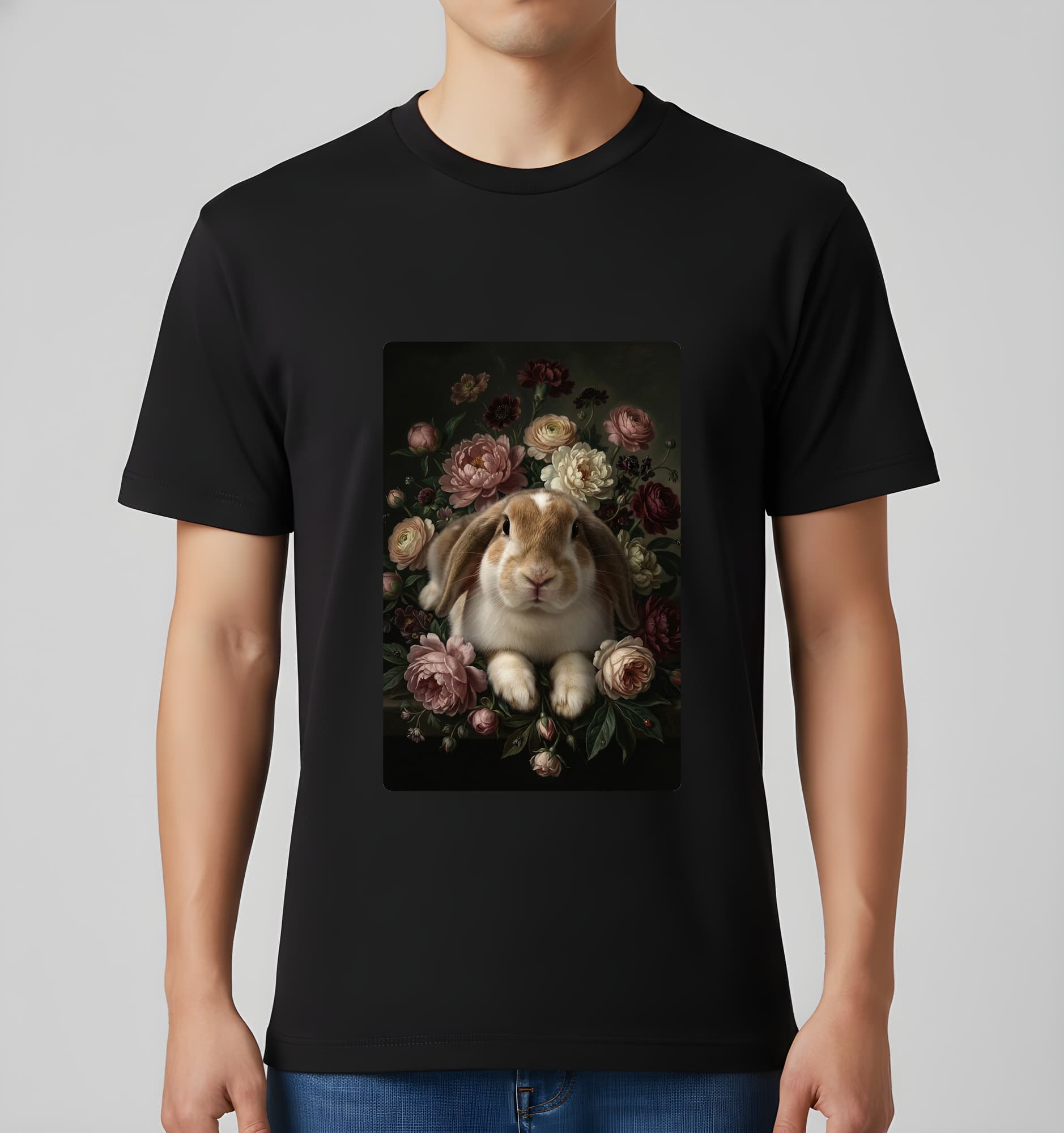 フレンチロップの花の油絵風アート花柄Tシャツ(ブラック) 3
